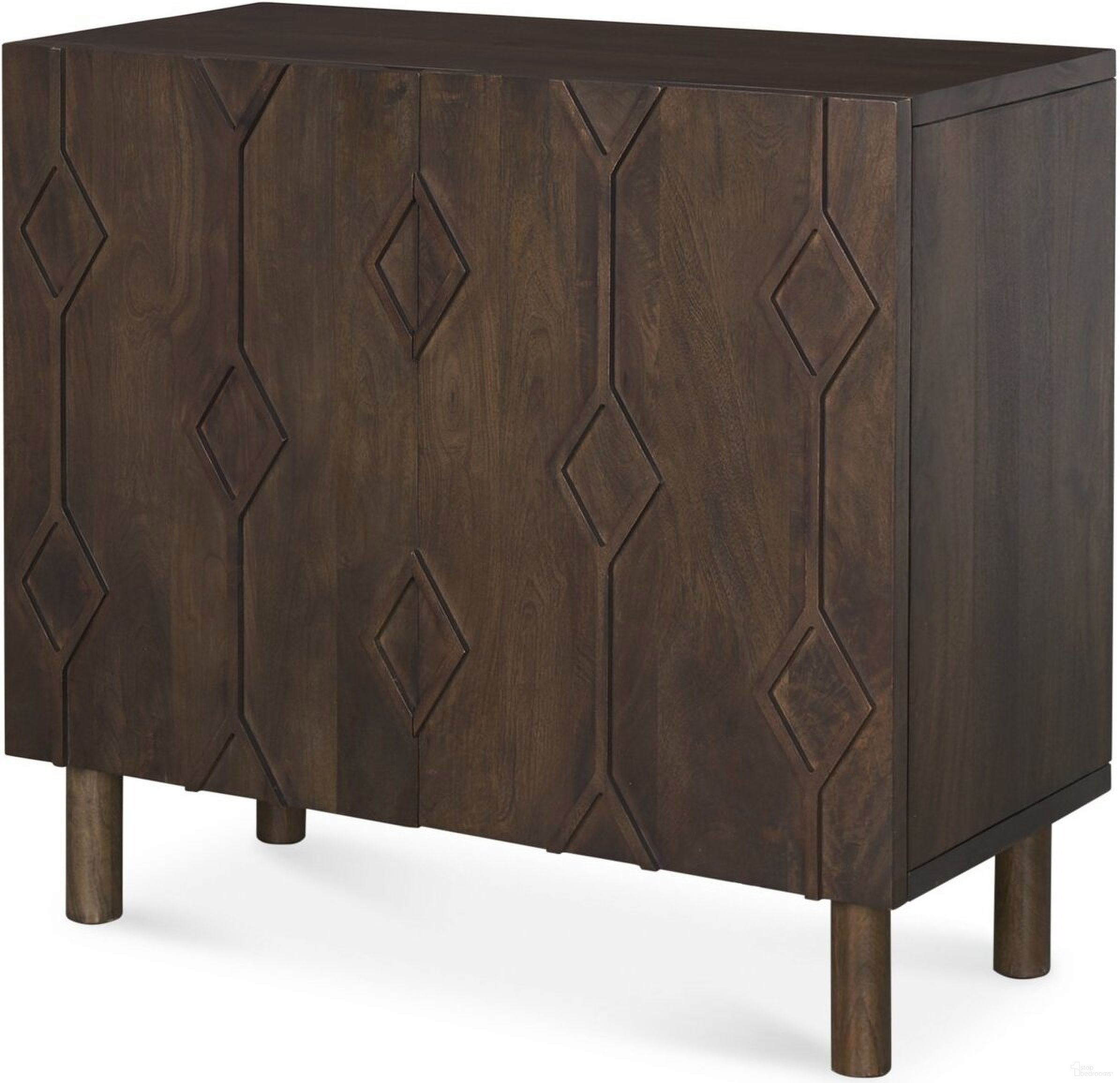 The appearance of Heera Diamond Motif with Shelf Accent Cabinet In Dark Brown designed by Mercana in the modern / contemporary interior design. This dark brown piece of furniture was selected by 1StopBedrooms from Heera Collection to add a touch of cosiness and style into your home. Sku: 70645. Material: Solid Wood.