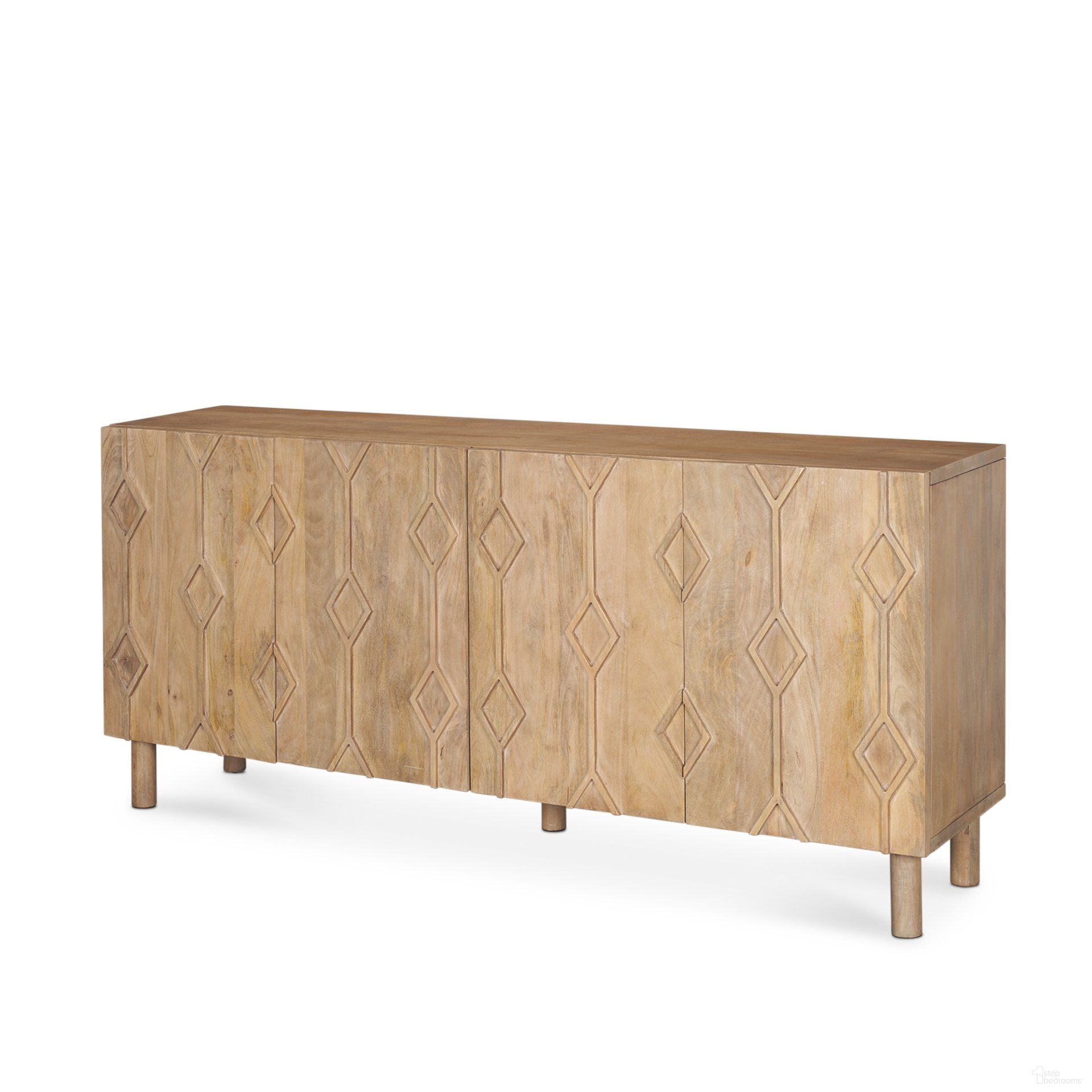 The appearance of Heera Diamond with Shelf Motif Sideboard In Light Brown designed by Mercana in the transitional interior design. This light brown piece of furniture  was selected by 1StopBedrooms from Heera Collection to add a touch of cosiness and style into your home. Sku: 70644. Material: Solid Wood.