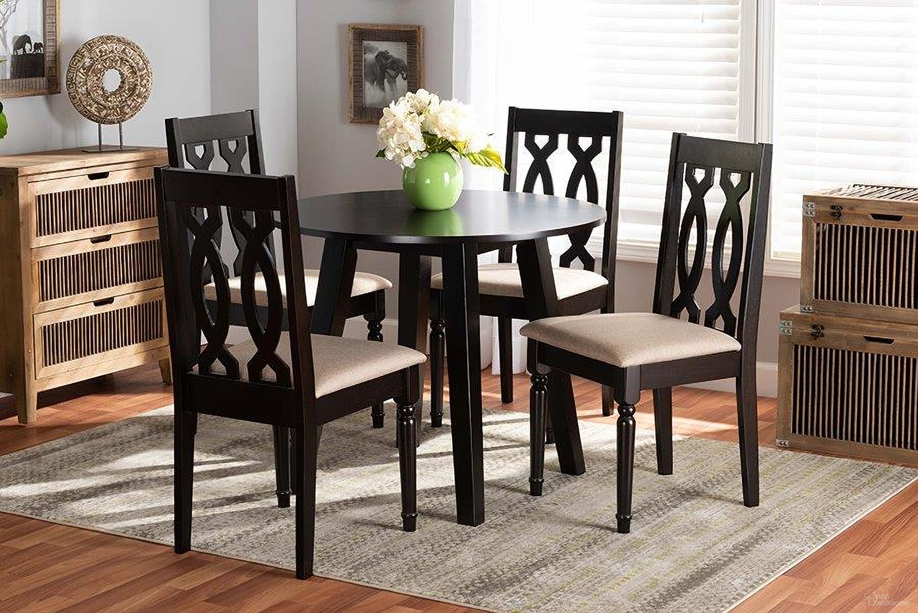 Heidi Modern and Contemporary Sand Fabric Upholstered and Dark Brown Finished Wood 5-Piece Dining Set