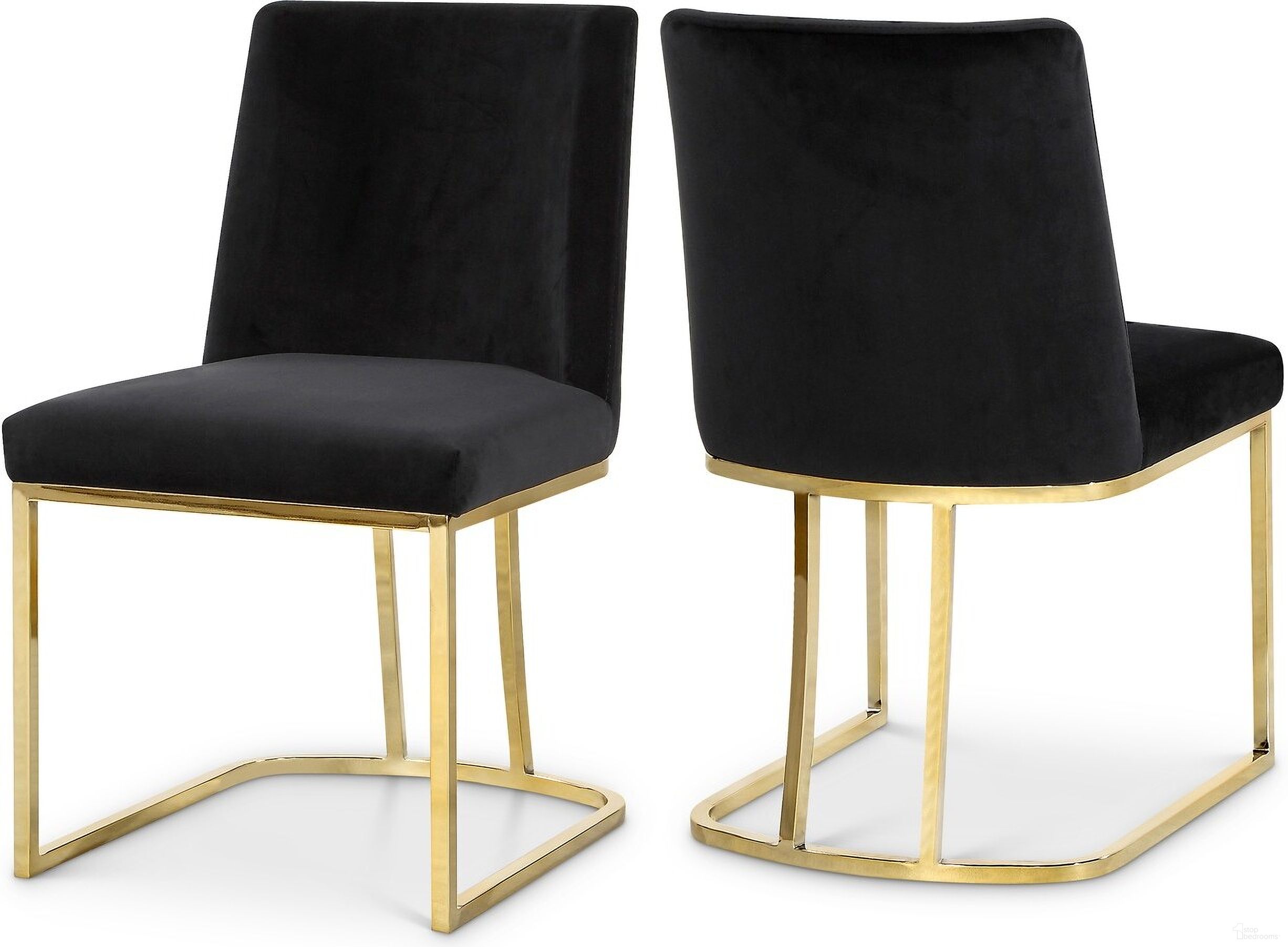The appearance of Heidi Velvet Dining Chair Set of 2 In Black/Gold designed by Meridian in the modern / contemporary interior design. This black piece of furniture was selected by 1StopBedrooms from Heidi Collection to add a touch of cosiness and style into your home. Sku: 776Black-C. Material: Velvet. Chair Type: Side Chair.