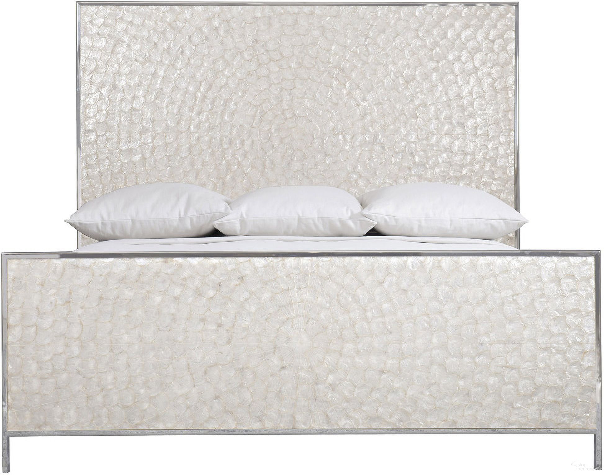 The appearance of Helios King Capiz Shell Panel Bed designed by Bernhardt in the modern / contemporary interior design. This pure white/polished stainless steel piece of furniture was selected by 1StopBedrooms from Helios Collection to add a touch of cosiness and style into your home. Sku: 386F09;386H09;386R09. Bed Type: Panel Bed. Bed Size: King. Material: Stainless Steel.