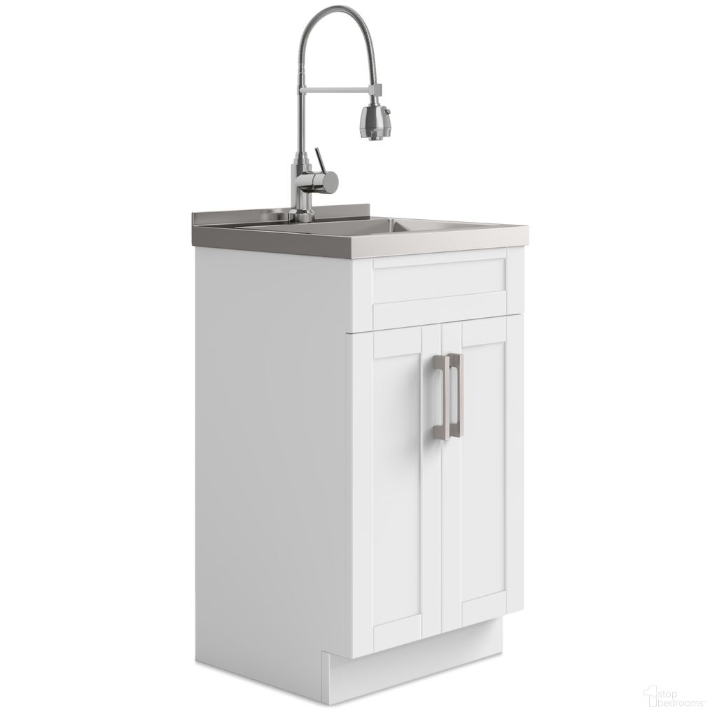The appearance of Hennessy All-in-One 20 Inch Utility Sink and Cabinet In Pure White designed by Simpli Home in the transitional interior design. This pure white piece of furniture  was selected by 1StopBedrooms from Hennessy Collection to add a touch of cosiness and style into your home. Sku: AXCLDYHEN20-SS. Material: Particle Board.