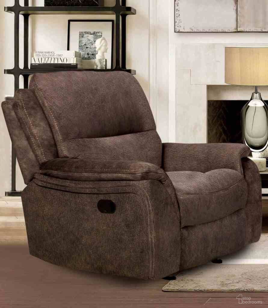 The appearance of Henricus Glider Recliner In Dark Brown designed by Furniture of America in the transitional interior design. This dark brown piece of furniture was selected by 1StopBedrooms from Henricus Collection to add a touch of cosiness and style into your home. Sku: CM9911DB-CH. Material: Fabric.