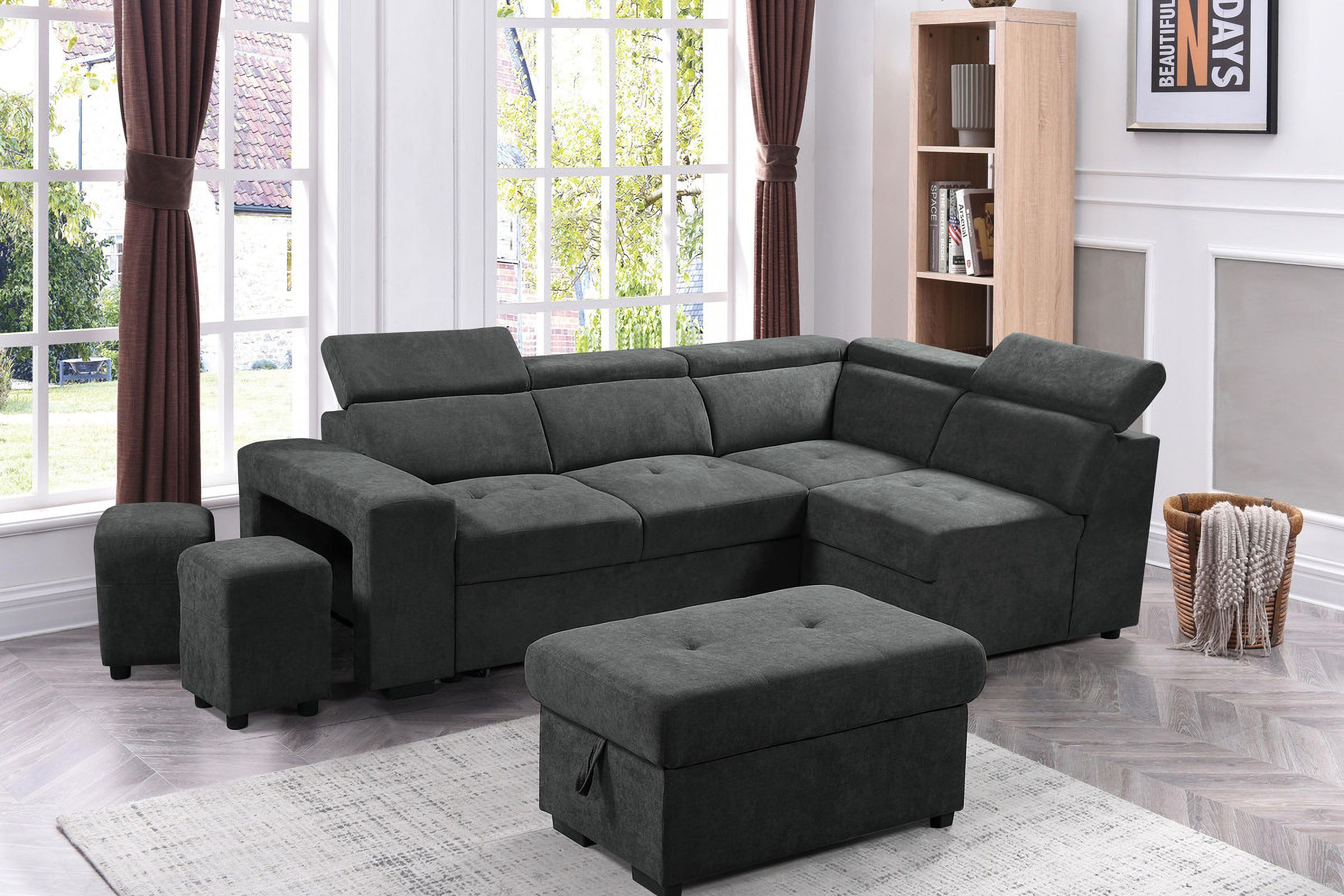Henrik Dark Gray Sleeper Sectional Sofa With Storage Ottoman And 2