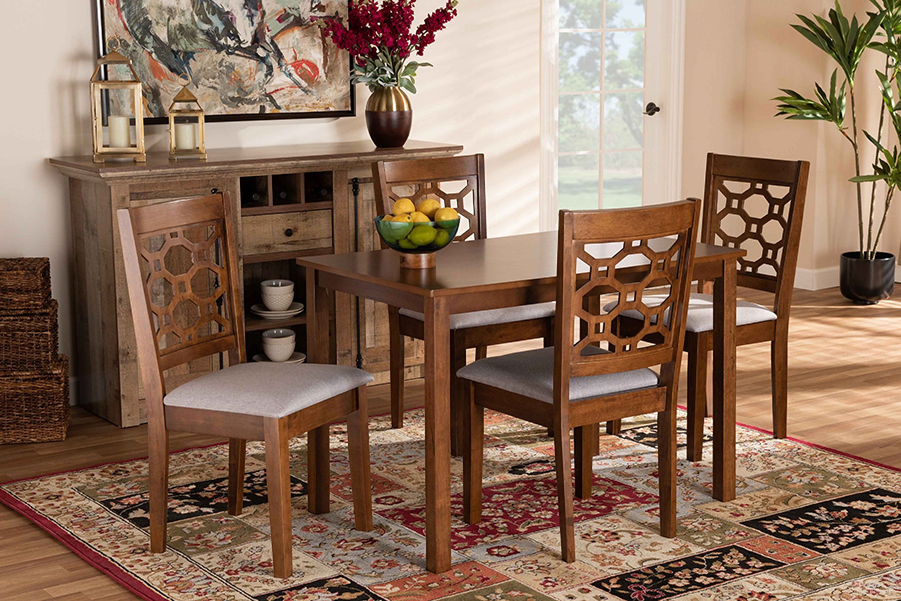 The appearance of Henry Modern and Contemporary Grey Fabric Upholstered and Walnut Brown Finished Wood 5-Piece Dining Set designed by Baxton Studio in the modern / contemporary interior design. This grey and walnut piece of furniture  was selected by 1StopBedrooms from Henry Collection to add a touch of cosiness and style into your home. Sku: RH335C-Grey/Walnut-5PC Dining Set. Material: Polyester.