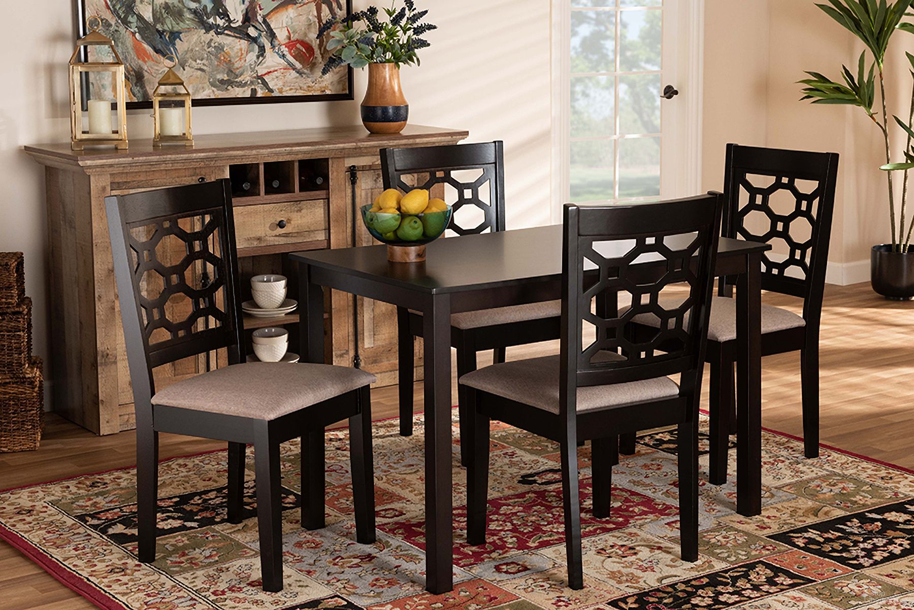 The appearance of Henry Modern and Contemporary Sand Fabric Upholstered and Dark Brown Finished Wood 5-Piece Dining Set designed by Baxton Studio in the modern / contemporary interior design. This sand and dark brown piece of furniture was selected by 1StopBedrooms from Henry Collection to add a touch of cosiness and style into your home. Sku: RH335C-Sand/Dark Brown-5PC Dining Set. Material: Fabric.