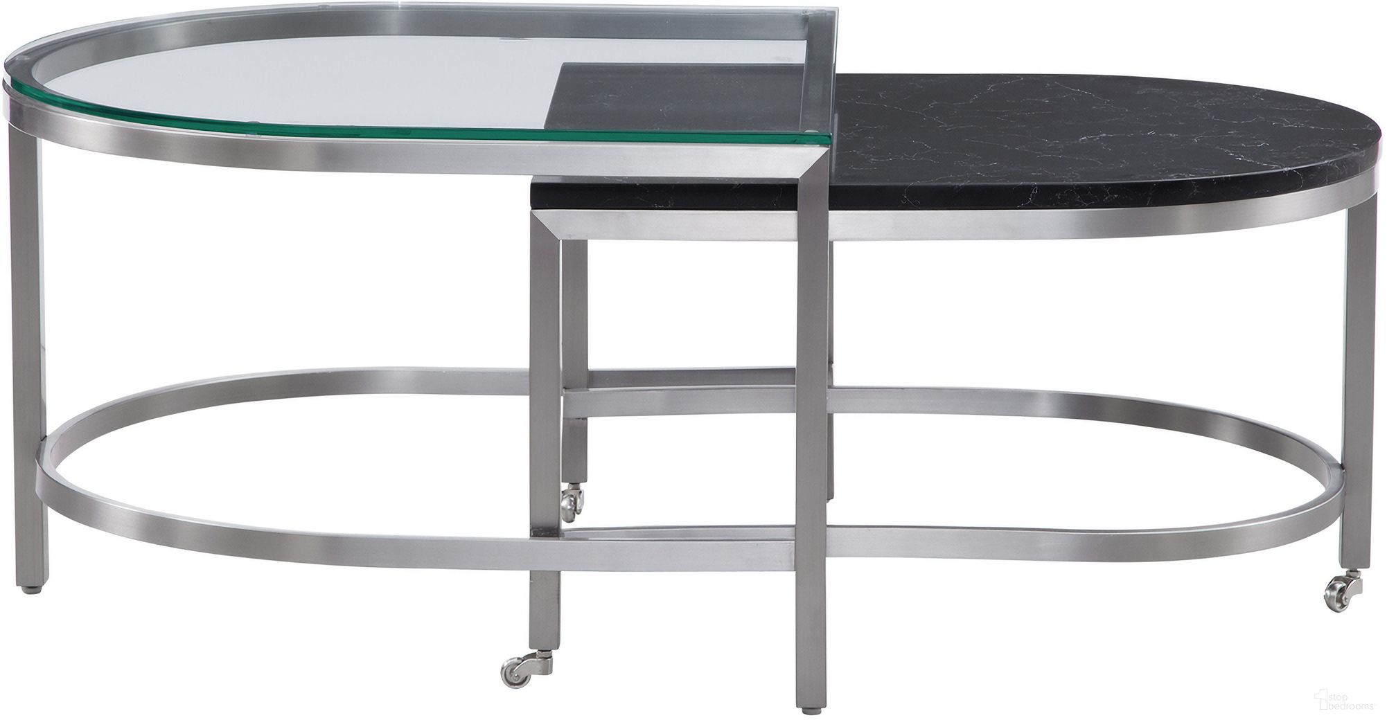The appearance of Hensley Bunching Oval Cocktail Table In Black designed by Bassett Mirror Company in the glam interior design. This black piece of furniture  was selected by 1StopBedrooms from Hensley Collection to add a touch of cosiness and style into your home. Sku: 9200-LR-133. Material: Marble.