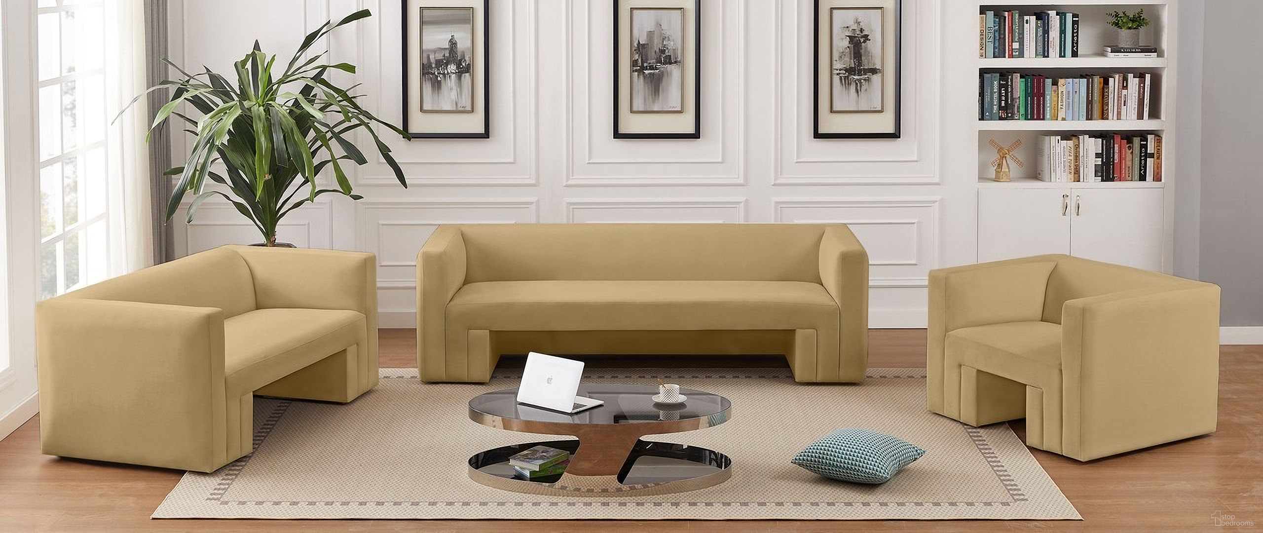 The appearance of Henson Living Room Set In Camel designed by Meridian in the modern / contemporary interior design. This camel piece of furniture was selected by 1StopBedrooms from Henson Collection to add a touch of cosiness and style into your home. Sku: 665Camel-S;665Camel-L. Material: Velvet.