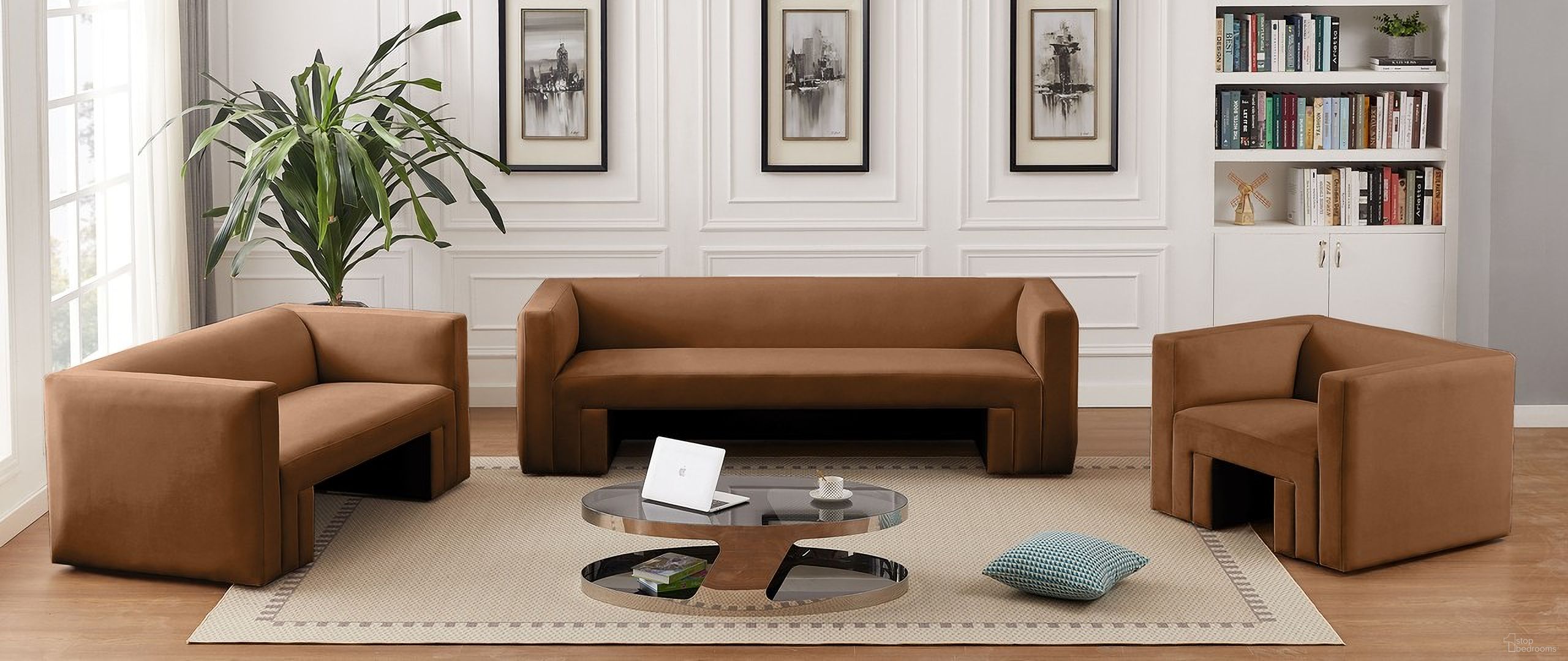 The appearance of Henson Living Room Set In Saddle designed by Meridian in the modern / contemporary interior design. This saddle piece of furniture was selected by 1StopBedrooms from Henson Collection to add a touch of cosiness and style into your home. Sku: 665Saddle-S;665Saddle-L. Material: Velvet.