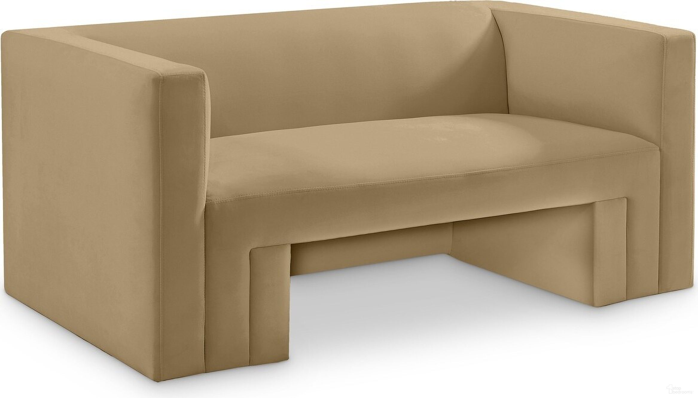 The appearance of Henson Velvet Loveseat In Camel designed by Meridian in the modern / contemporary interior design. This camel piece of furniture  was selected by 1StopBedrooms from Henson Collection to add a touch of cosiness and style into your home. Sku: 665Camel-L. Material: Velvet.