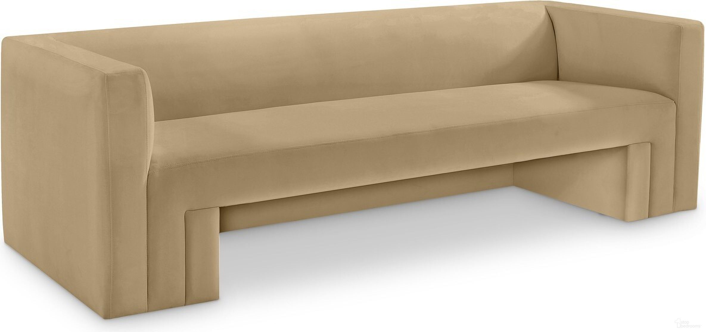 The appearance of Henson Velvet Sofa In Camel designed by Meridian in the modern / contemporary interior design. This camel piece of furniture  was selected by 1StopBedrooms from Henson Collection to add a touch of cosiness and style into your home. Sku: 665Camel-S. Material: Velvet.