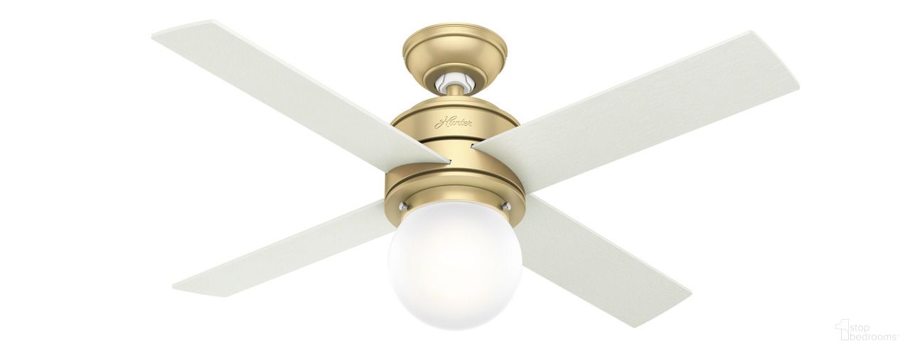 The appearance of Hepburn 44 Inch Ceiling Fan with LED Light Kit and Wall Control In Modern Brass and Aged Oak designed by Hunter Fan in the modern / contemporary interior design. This modern brass/aged oak piece of furniture  was selected by 1StopBedrooms from Hepburn Collection to add a touch of cosiness and style into your home. Sku: 52313. Material: Composite.
