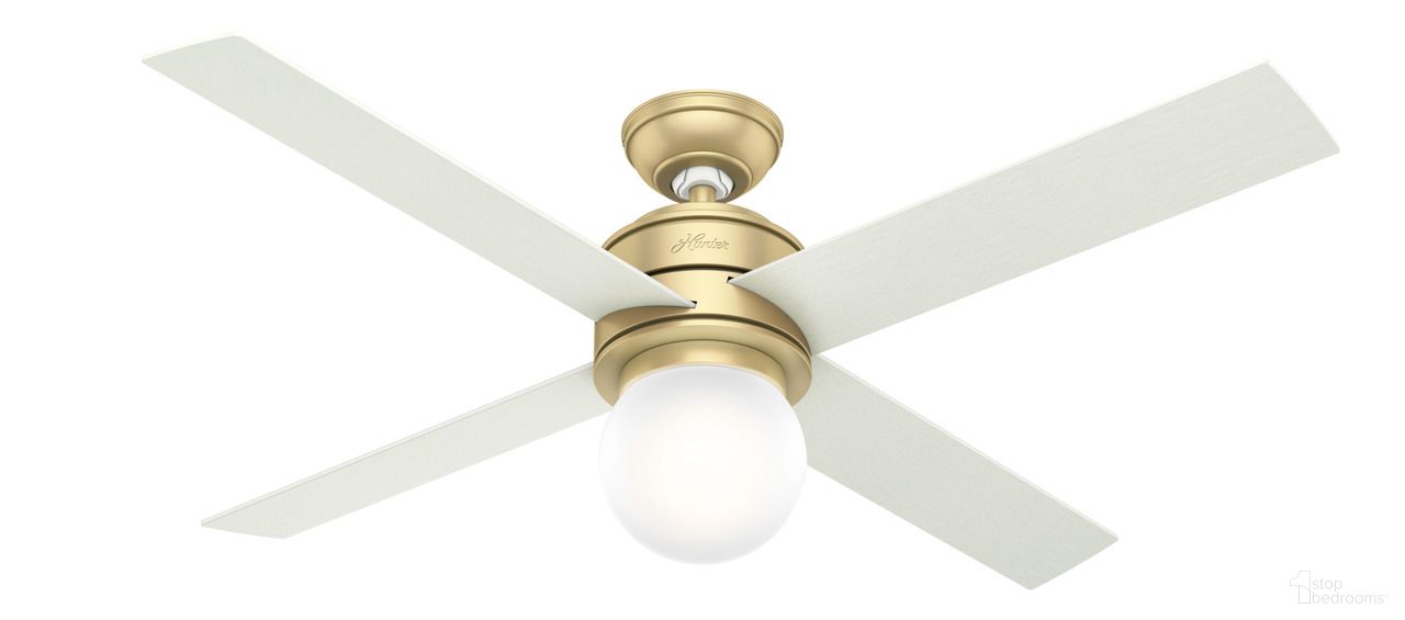 The appearance of Hepburn 52 Inch Ceiling Fan with LED Light Kit and Wall Control In Modern Brass and Aged Oak designed by Hunter Fan in the modern / contemporary interior design. This modern brass/aged oak piece of furniture was selected by 1StopBedrooms from Hepburn Collection to add a touch of cosiness and style into your home. Sku: 59320. Material: Composite.