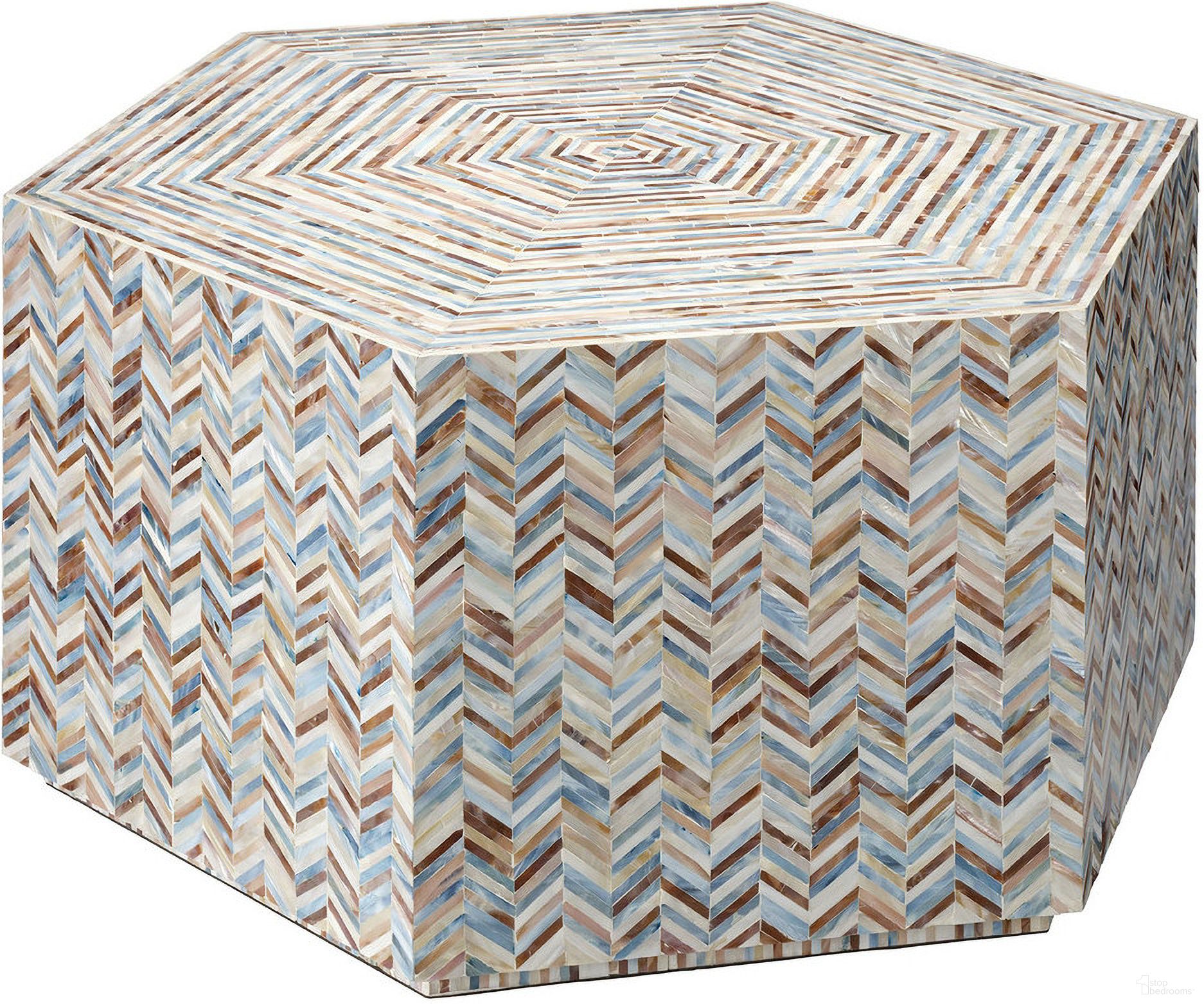 The appearance of Hepburn Mother Of Pearl Hexagon Coffee Table In Grey designed by Jamie Young Company in the coastal interior design. This grey piece of furniture  was selected by 1StopBedrooms from Hepburn Collection to add a touch of cosiness and style into your home. Sku: 20HEPB-CTMOP. Material: Mother of Pearl.