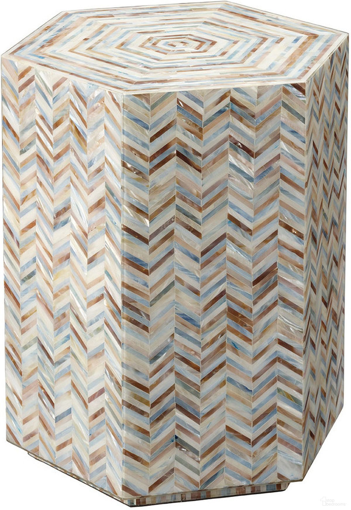 The appearance of Hepburn Mother Of Pearl Hexagon Side Table In Grey designed by Jamie Young Company in the coastal interior design. This grey piece of furniture  was selected by 1StopBedrooms from Hepburn Collection to add a touch of cosiness and style into your home. Sku: 20HEPB-STMOP. Material: Mother of Pearl.