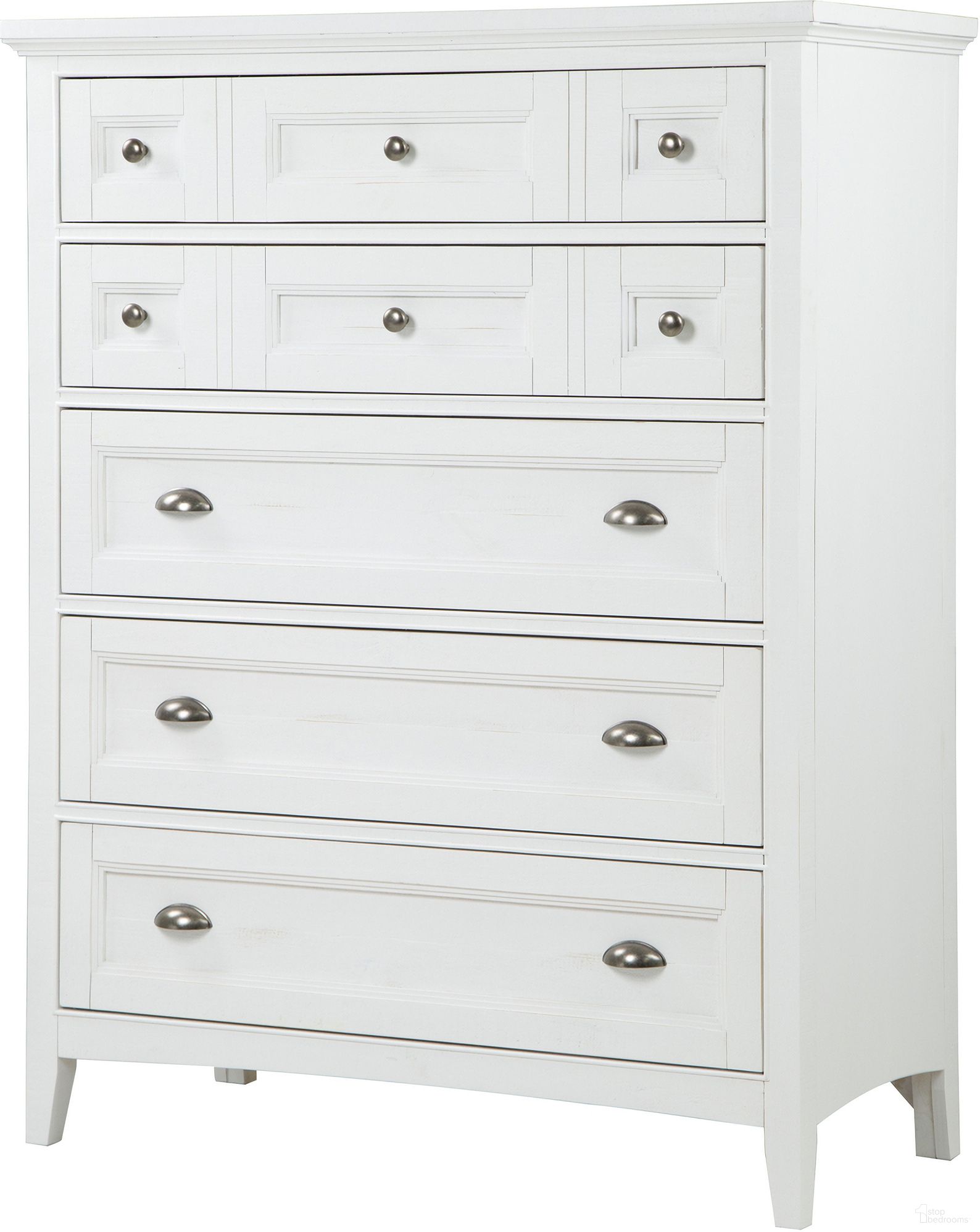 The appearance of Heron Cove Drawer Chest In Chalky White designed by Magnussen in the traditional interior design. This chalky white piece of furniture was selected by 1StopBedrooms from Heron Cove Collection to add a touch of cosiness and style into your home. Sku: B4400-10. Material: Pine.