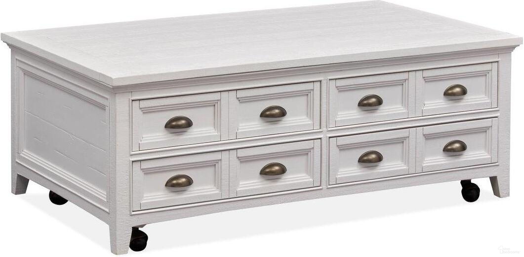 The appearance of Heron Cove Chalk White Lift Top Storage Castered Cocktail Table designed by Magnussen in the transitional interior design. This white piece of furniture was selected by 1StopBedrooms from Heron Cove Collection to add a touch of cosiness and style into your home. Sku: T4400-50. Material: Pine Veneer.