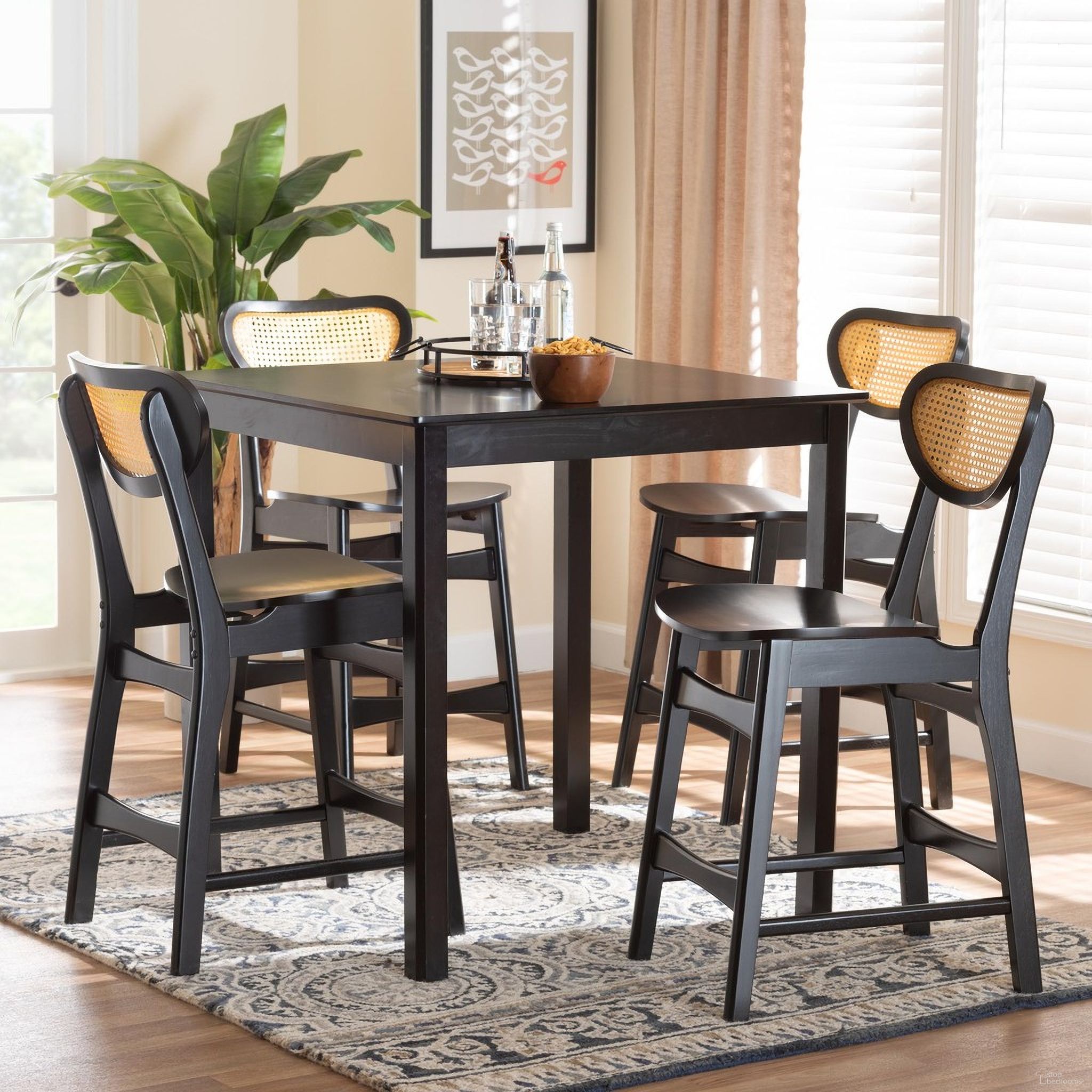 The appearance of Hesper Wood and Rattan 5 Piece Pub Set In Dark Brown designed by Baxton Studio in the transitional interior design. This dark brown piece of furniture was selected by 1StopBedrooms from Hesper Collection to add a touch of cosiness and style into your home. Sku: RH253P-Natural Rattan/Dark Brown-5PC Pub Set. Material: Rubberwood.