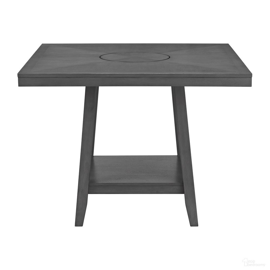 The appearance of Hester Square Counter Table with Lazy Susan In Grey designed by Picket House in the transitional interior design. This grey piece of furniture was selected by 1StopBedrooms from Hester Collection to add a touch of cosiness and style into your home. Sku: D-7670-3-CT. Table Base Style: Trestle. Table Top Shape: Square. Size: 48" x 48". Material: Walnut.