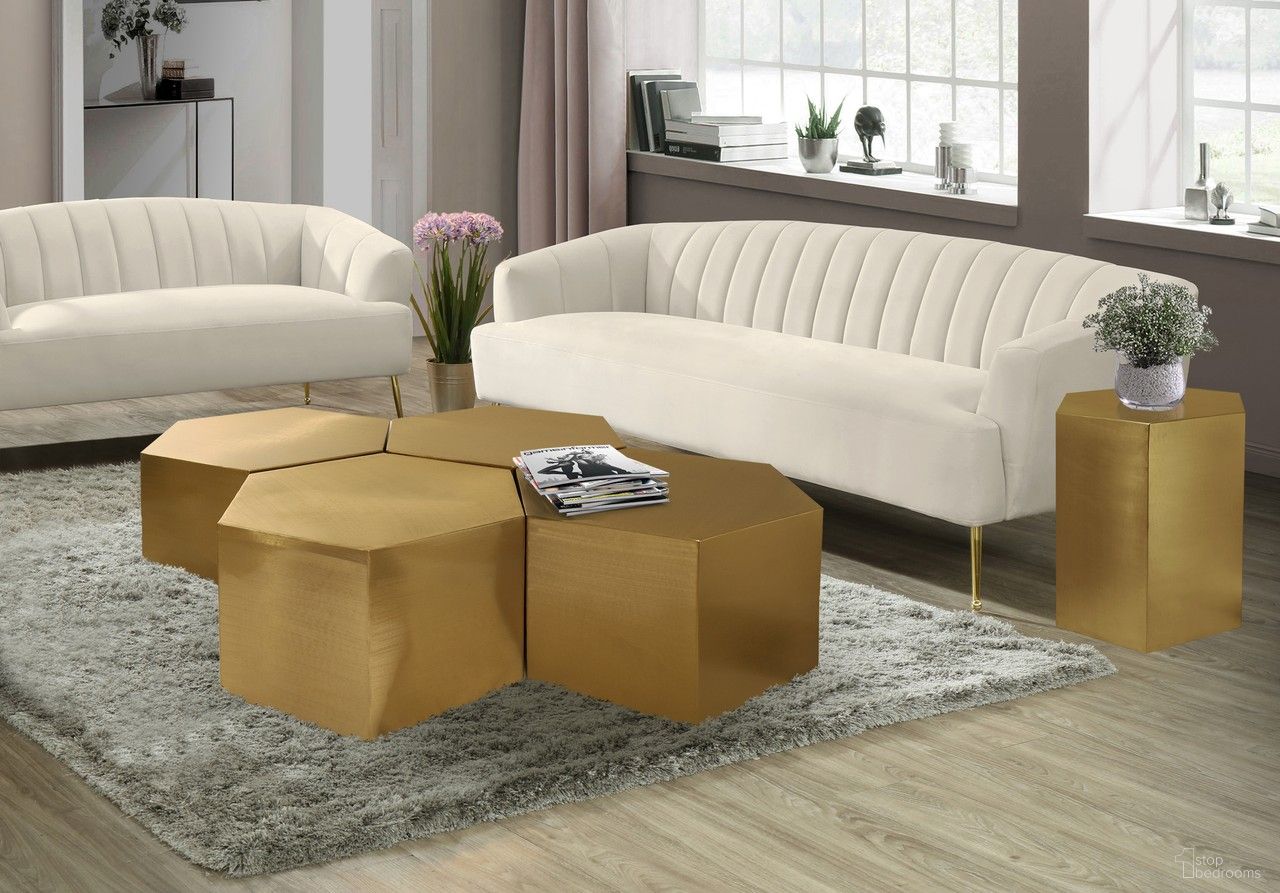 The appearance of Hexagon 4-Piece Occasional Table Set In Brushed Gold designed by Meridian in the modern / contemporary interior design. This brushed gold piece of furniture  was selected by 1StopBedrooms from Hexagon Collection to add a touch of cosiness and style into your home. Sku: 292-CT;292-CT;292-CT;292-CT;292-ET. Material: Iron.
