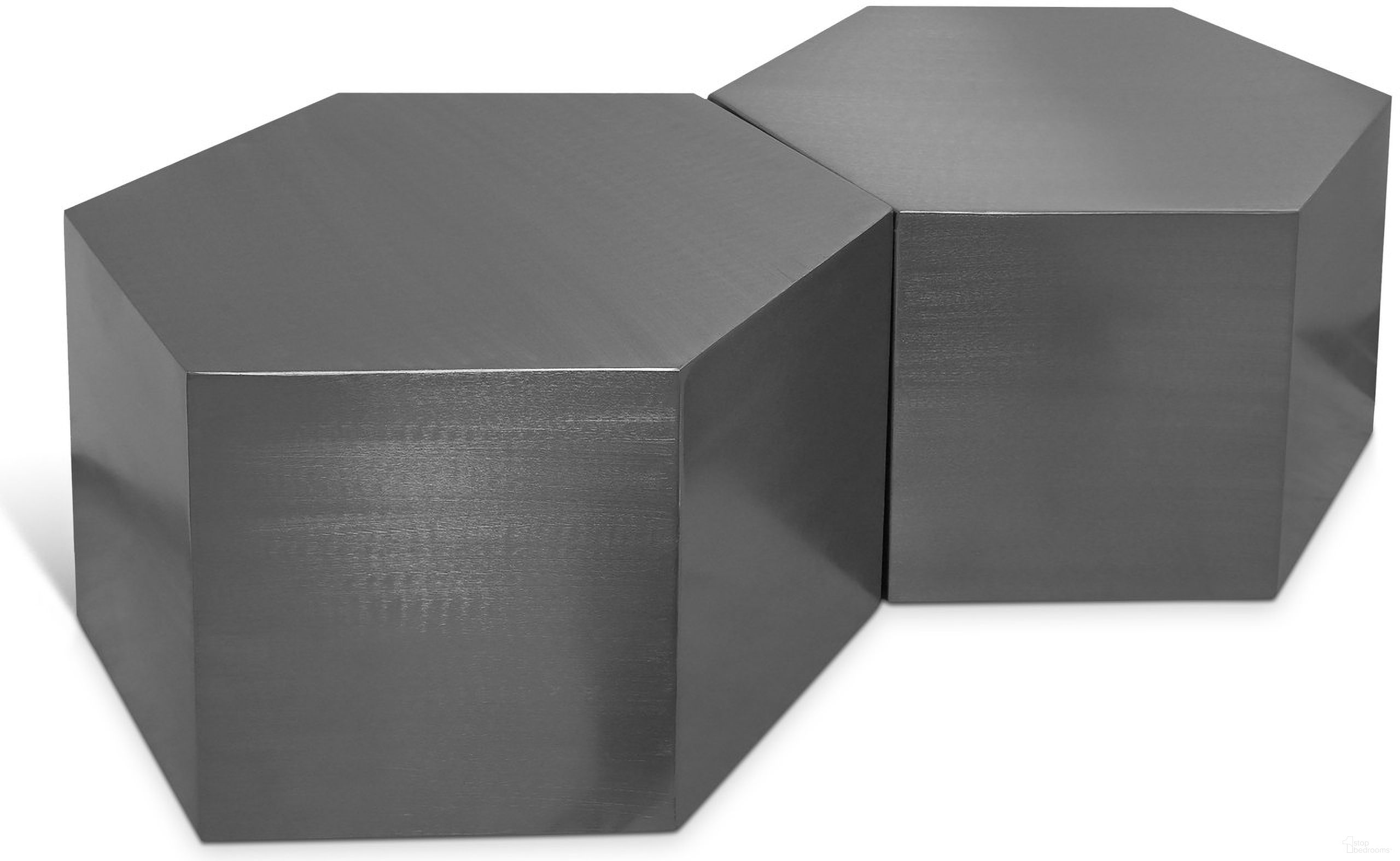 The appearance of Hexagon 2 Piece Coffee Table In Brushed Chrome designed by Meridian in the modern / contemporary interior design. This chrome piece of furniture  was selected by 1StopBedrooms from Hexagon Collection to add a touch of cosiness and style into your home. Sku: 293-CT;293-CT. Material: Iron.