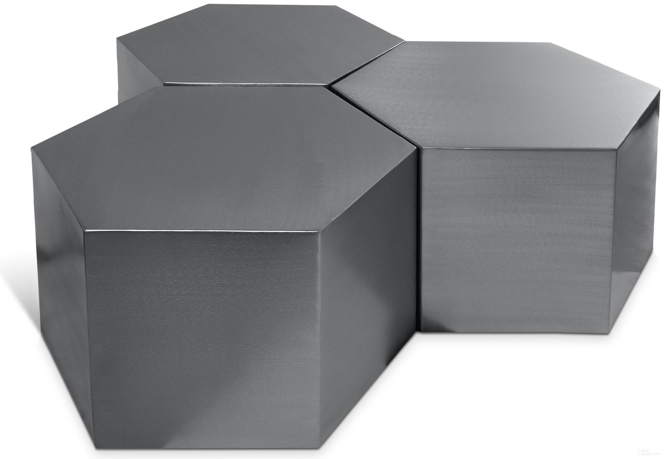 The appearance of Hexagon 3 Piece Coffee Table In Brushed Chrome designed by Meridian in the modern / contemporary interior design. This chrome piece of furniture  was selected by 1StopBedrooms from Hexagon Collection to add a touch of cosiness and style into your home. Sku: 293-CT;293-CT;293-CT. Material: Iron.