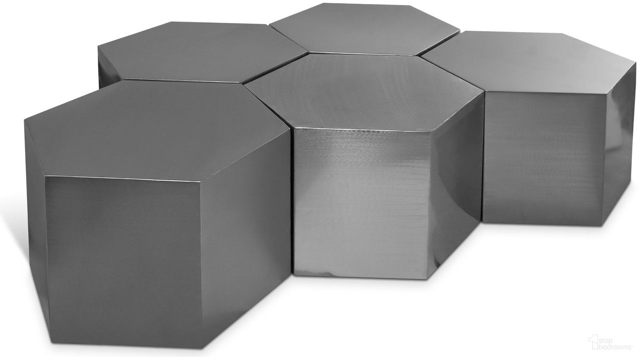 The appearance of Hexagon 5 Piece Coffee Table In Brushed Chrome designed by Meridian in the modern / contemporary interior design. This chrome piece of furniture  was selected by 1StopBedrooms from Hexagon Collection to add a touch of cosiness and style into your home. Sku: 293-CT;293-CT;293-CT;293-CT;293-CT. Material: Iron.