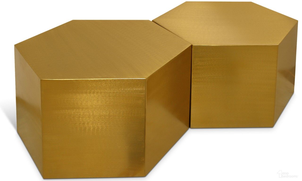The appearance of Hexagon 2 Piece Coffee Table In Brushed Gold designed by Meridian in the modern / contemporary interior design. This brushed gold piece of furniture  was selected by 1StopBedrooms from Hexagon Collection to add a touch of cosiness and style into your home. Sku: 292-CT;292-CT. Material: Iron.