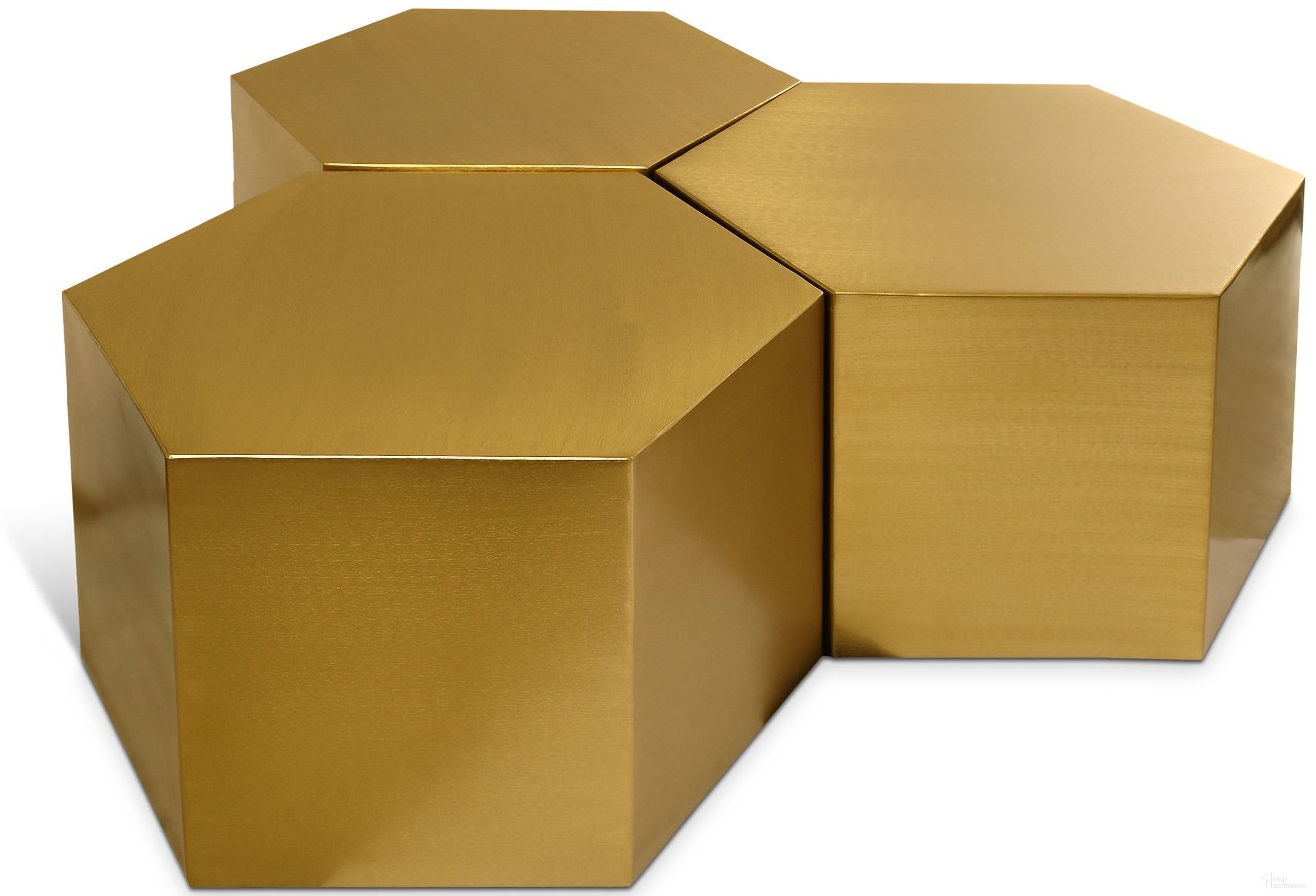 The appearance of Hexagon 3 Piece Coffee Table In Brushed Gold designed by Meridian in the modern / contemporary interior design. This brushed gold piece of furniture  was selected by 1StopBedrooms from Hexagon Collection to add a touch of cosiness and style into your home. Sku: 292-CT;292-CT;292-CT. Material: Iron.