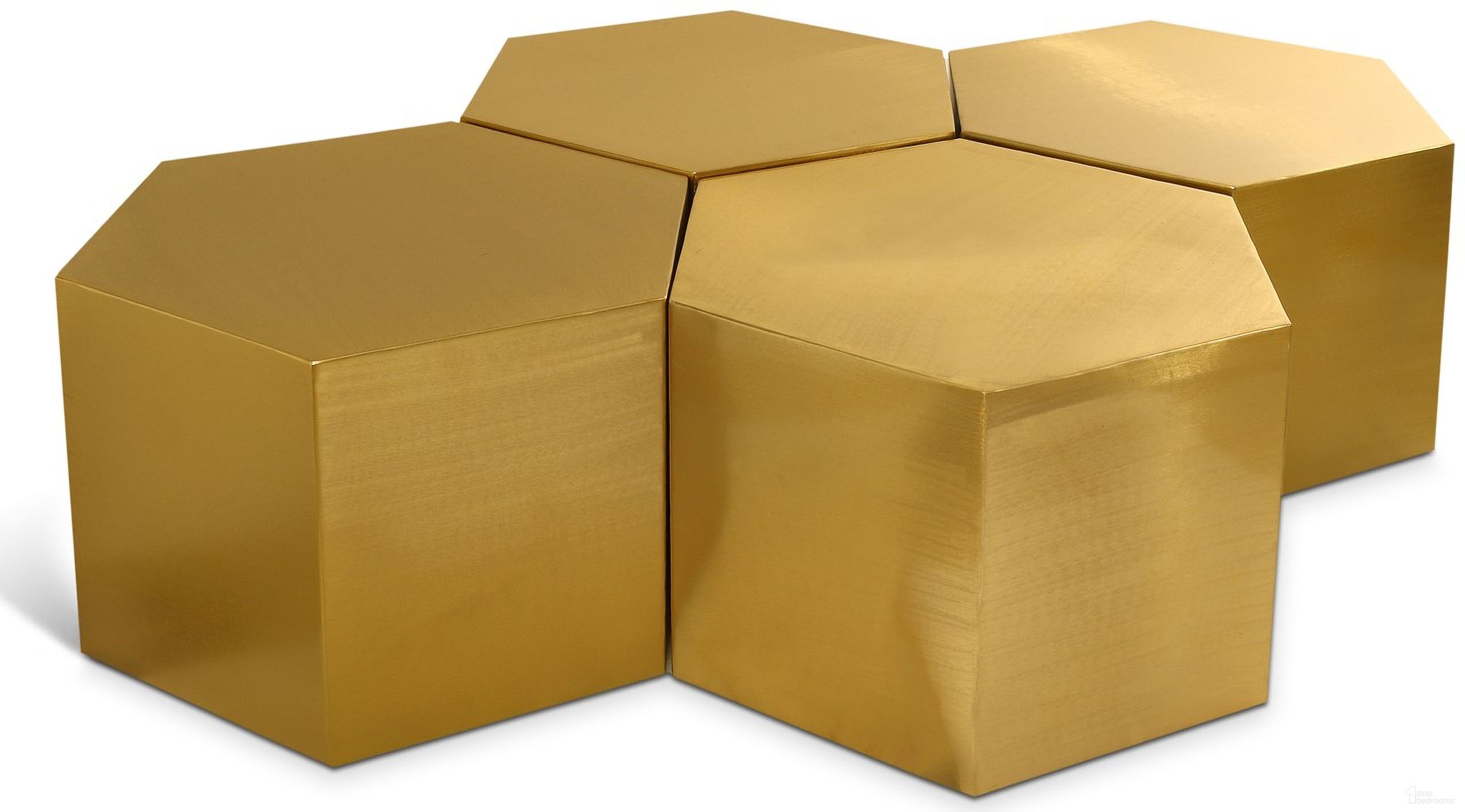 The appearance of Hexagon 4 Piece Coffee Table In Brushed Gold designed by Meridian in the modern / contemporary interior design. This brushed gold piece of furniture  was selected by 1StopBedrooms from Hexagon Collection to add a touch of cosiness and style into your home. Sku: 292-CT;292-CT;292-CT;292-CT. Material: Iron.