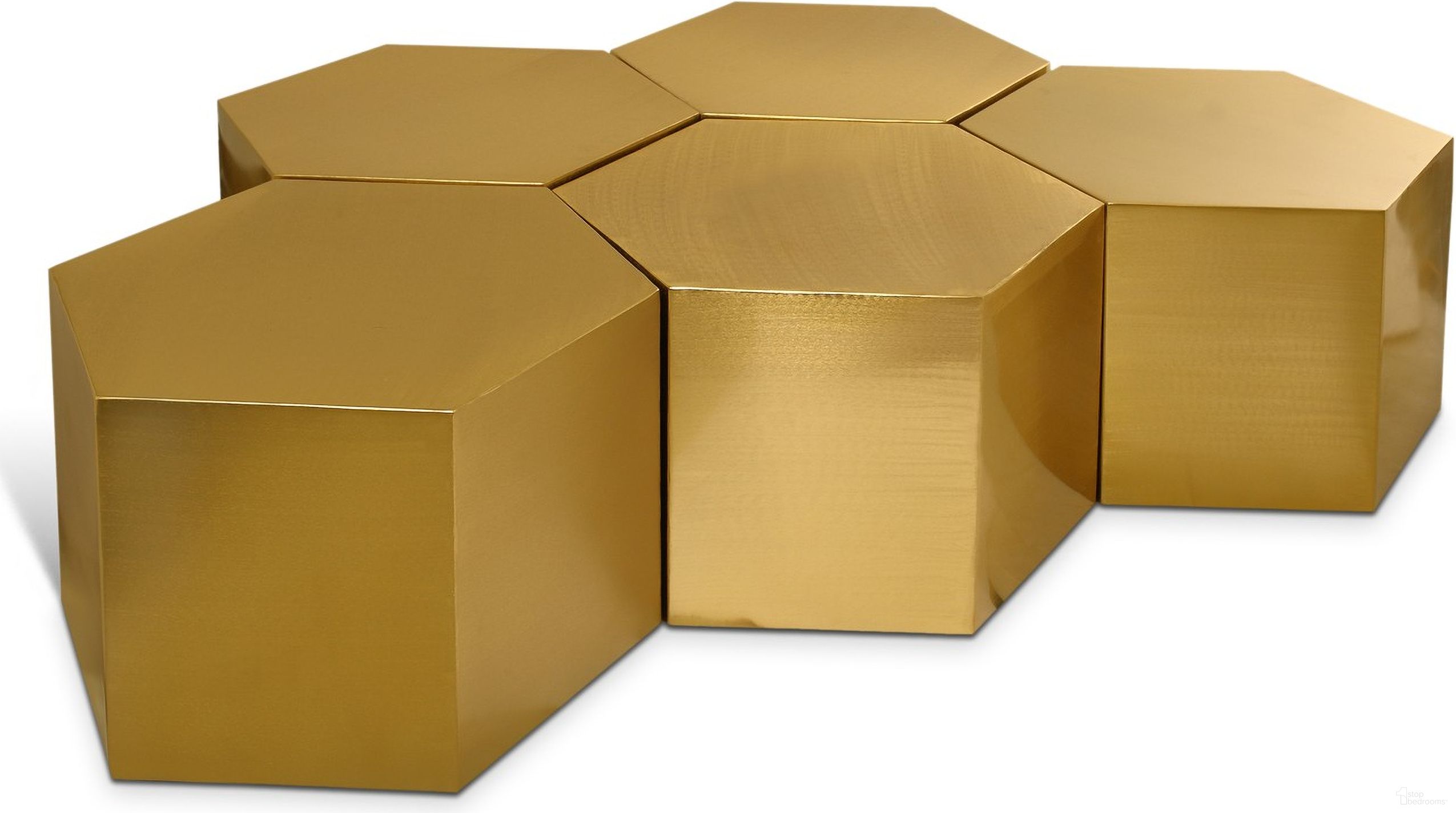 The appearance of Hexagon 5 Piece Coffee Table In Brushed Gold designed by Meridian in the modern / contemporary interior design. This brushed gold piece of furniture  was selected by 1StopBedrooms from Hexagon Collection to add a touch of cosiness and style into your home. Sku: 292-CT;292-CT;292-CT;292-CT;292-CT. Material: Iron.