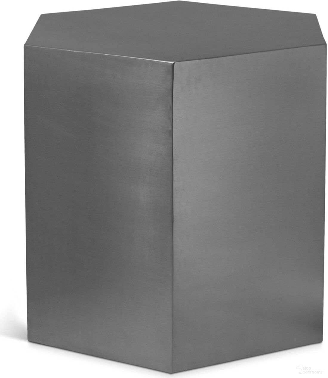 The appearance of Hexagon End Table In Brushed Chrome designed by Meridian in the modern / contemporary interior design. This chrome piece of furniture  was selected by 1StopBedrooms from Hexagon Collection to add a touch of cosiness and style into your home. Sku: 293-ET. Material: Iron.