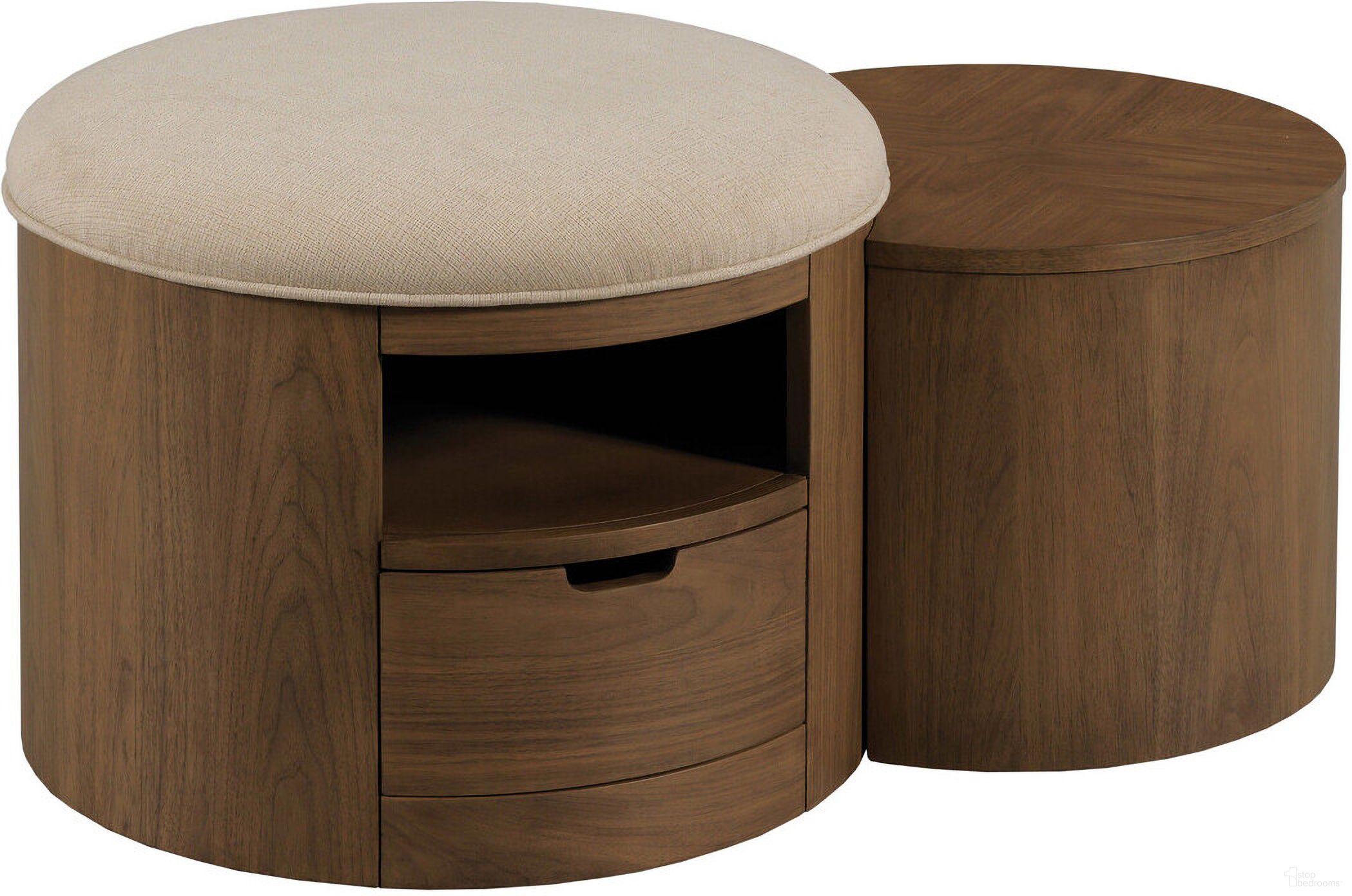 The appearance of Hidden Treasures Duo Ottoman Table designed by Hammary in the interior design. This medium brown piece of furniture was selected by 1StopBedrooms from Hidden Treasures Collection to add a touch of cosiness and style into your home. Sku: 090-1130. Material: Wood.