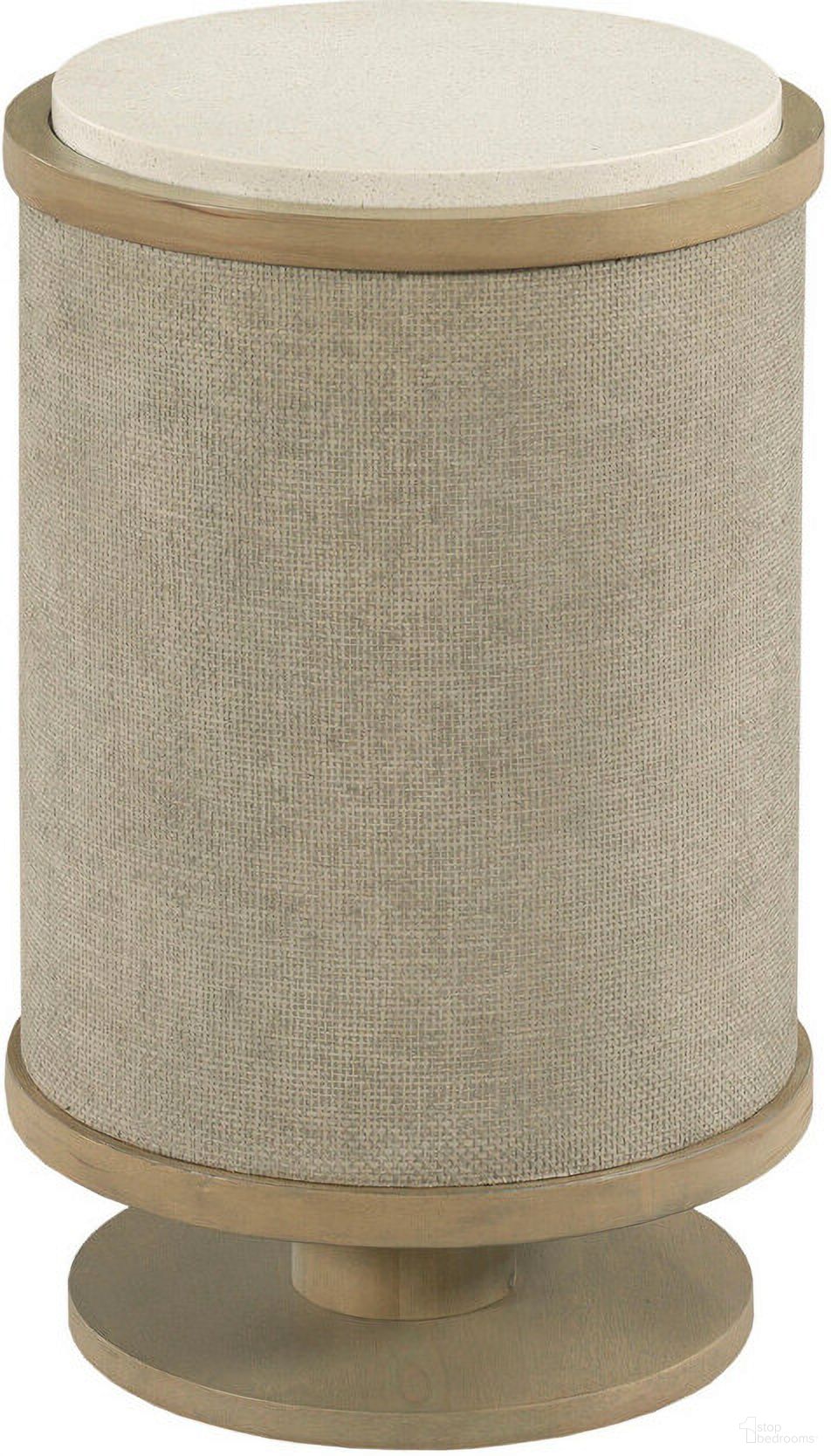 The appearance of Hidden Treasures Round Linen Chairside Table In Light Stain designed by Hammary in the interior design. This light stain piece of furniture was selected by 1StopBedrooms from Hidden Treasures Collection to add a touch of cosiness and style into your home. Sku: 090-1145. Material: Wood.