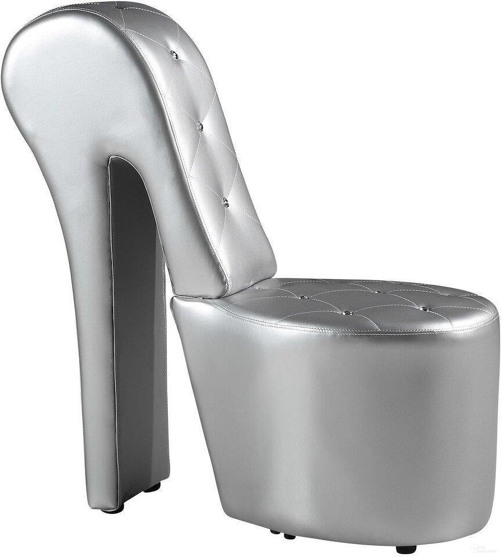 The appearance of High Heel Faux Leather Crystal Studs Shoe Chair In Silver designed by Best Master Furniture in the modern / contemporary interior design. This silver piece of furniture  was selected by 1StopBedrooms from  to add a touch of cosiness and style into your home. Sku: 6900S. Material: Faux Leather.