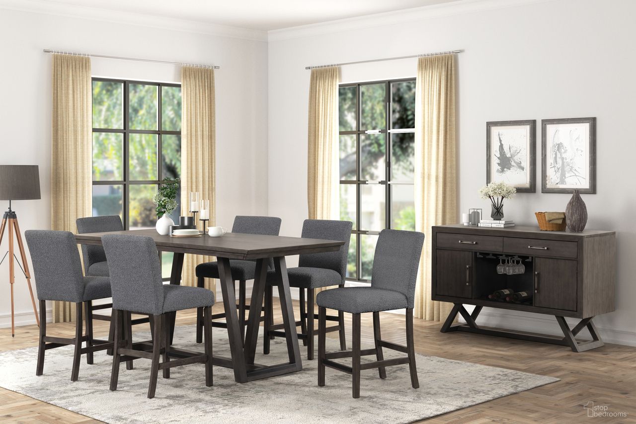 The appearance of High Line Counter Height Dining Room Set In Coffee designed by New Classic in the transitional interior design. This coffee piece of furniture  was selected by 1StopBedrooms from High Line Collection to add a touch of cosiness and style into your home. Sku: D4125-12;D4125-22-GRY. Table Base Style: Trestle. Material: Wood. Table Top Shape: Rectangular. Size: 80" x 36".