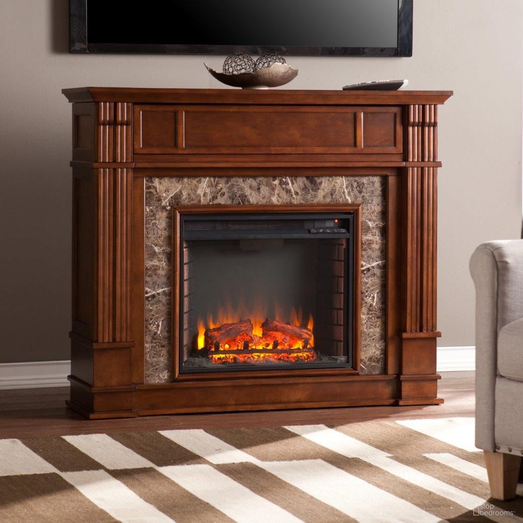 The appearance of Highgate Faux Stone Electric Media Fireplace In Whiskey Maple designed by SEI Furniture in the transitional interior design. This whiskey piece of furniture was selected by 1StopBedrooms from Highgate Collection to add a touch of cosiness and style into your home. Sku: FE9321. Material: MDF.