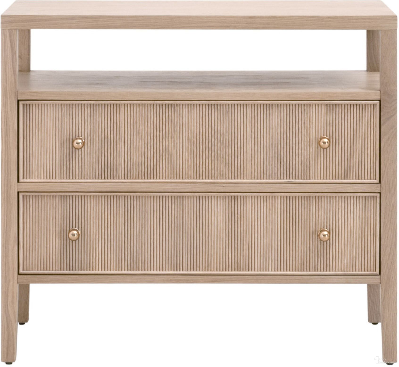 The appearance of Bronze Bay Highland Open Shelf 2 Drawer Nightstand In Natural Oak designed by Essentials For Living in the transitional interior design. This natural oak piece of furniture was selected by 1StopBedrooms from Bronze Bay Collection to add a touch of cosiness and style into your home. Sku: 5257.NAT-OAK. Material: Oak Wood.