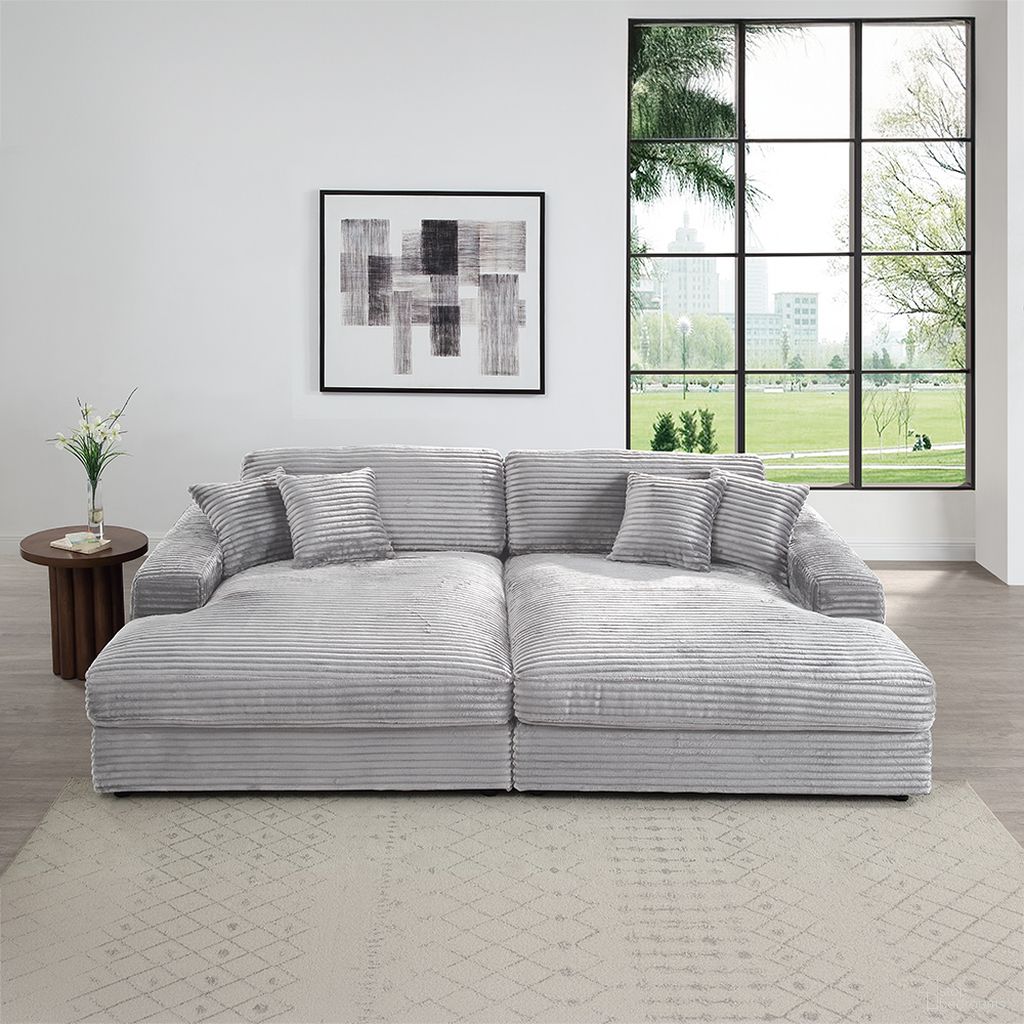The appearance of Hilde Sectional Sofa with 4 Pillows In Light Gray designed by ACME in the modern / contemporary interior design. This light gray piece of furniture was selected by 1StopBedrooms from Hilde Collection to add a touch of cosiness and style into your home. Sku: LV03680-1;LV03680-2. Material: Wood.