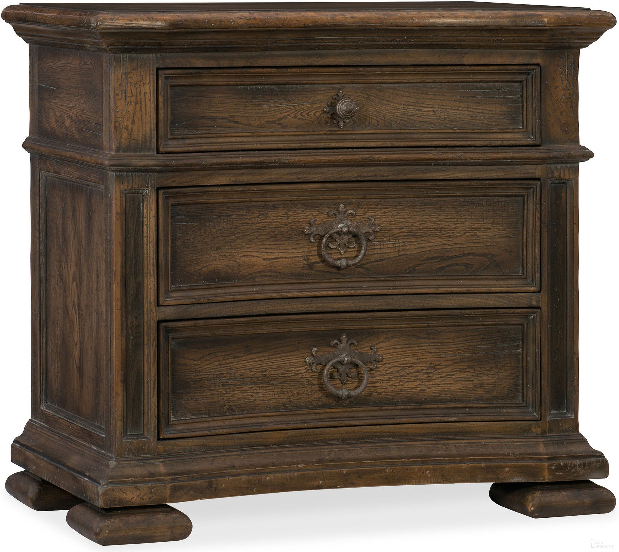 The appearance of Hill Country Elmendorf Saddle Dark Wood 3 Drawer Nightstand designed by Hooker in the traditional interior design. This dark wood piece of furniture  was selected by 1StopBedrooms from Hill Country Collection to add a touch of cosiness and style into your home. Sku: 5960-90016-MULTI. Material: Oak.