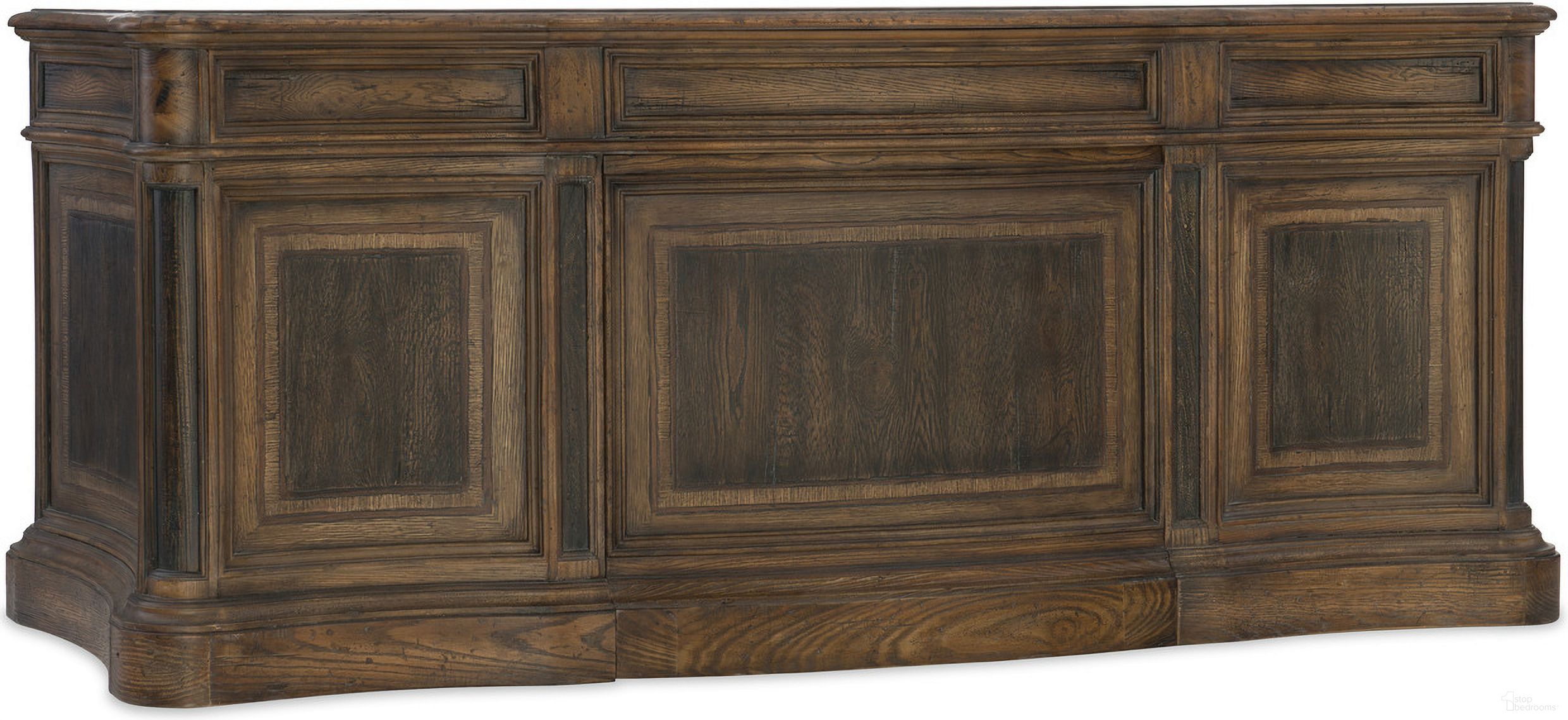 The appearance of Hill Country St Hedwig Saddle Dark Wood Executive Desk designed by Hooker in the traditional interior design. This dark wood piece of furniture  was selected by 1StopBedrooms from Hill Country Collection to add a touch of cosiness and style into your home. Sku: 5960-10563-MULTI. Material: Oak.