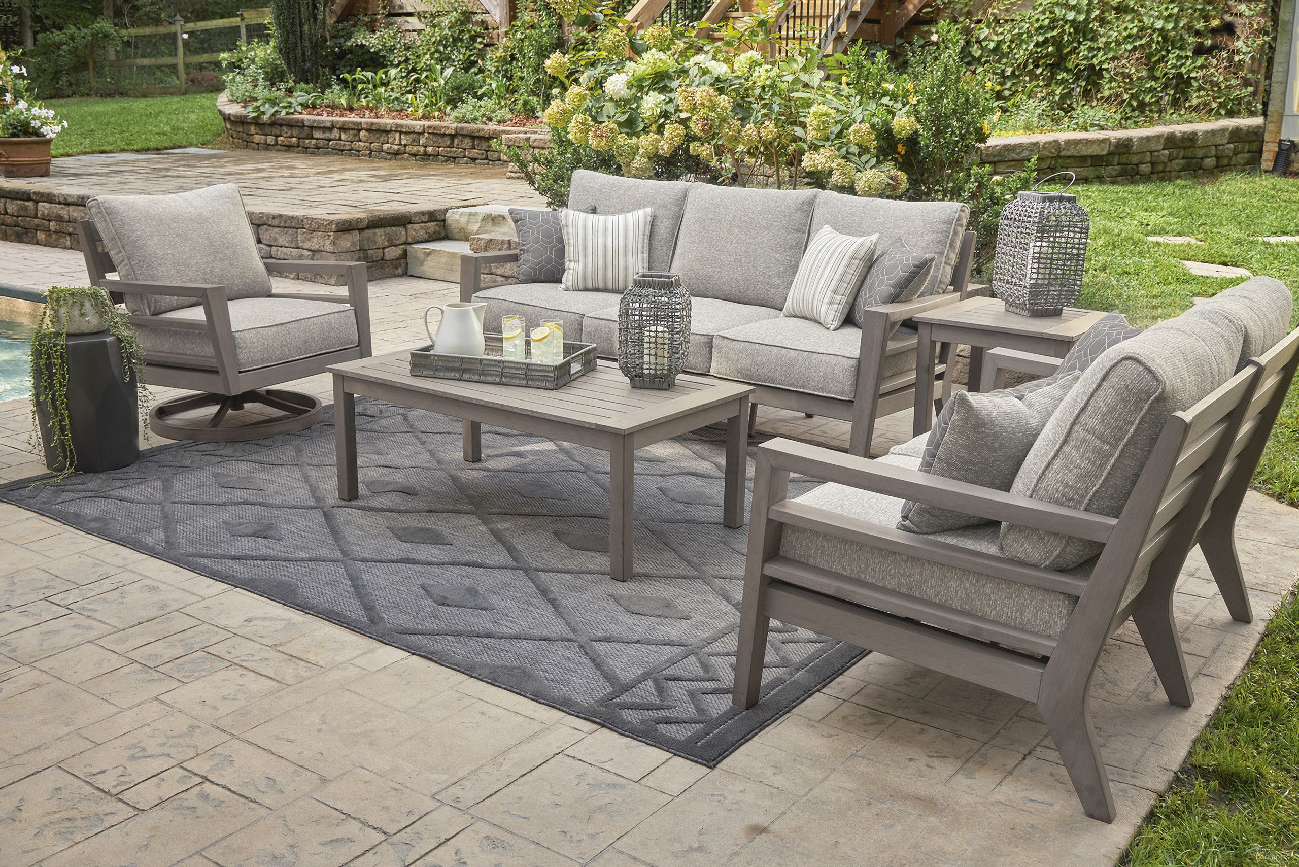 The appearance of Hillside Barn Gray And Brown Outdoor Living Room Set designed by Signature Design by Ashley in the modern / contemporary interior design. This gray piece of furniture was selected by 1StopBedrooms from Hillside Barn Collection to add a touch of cosiness and style into your home. Sku: P564-838;P564-835. Material: Fabric.