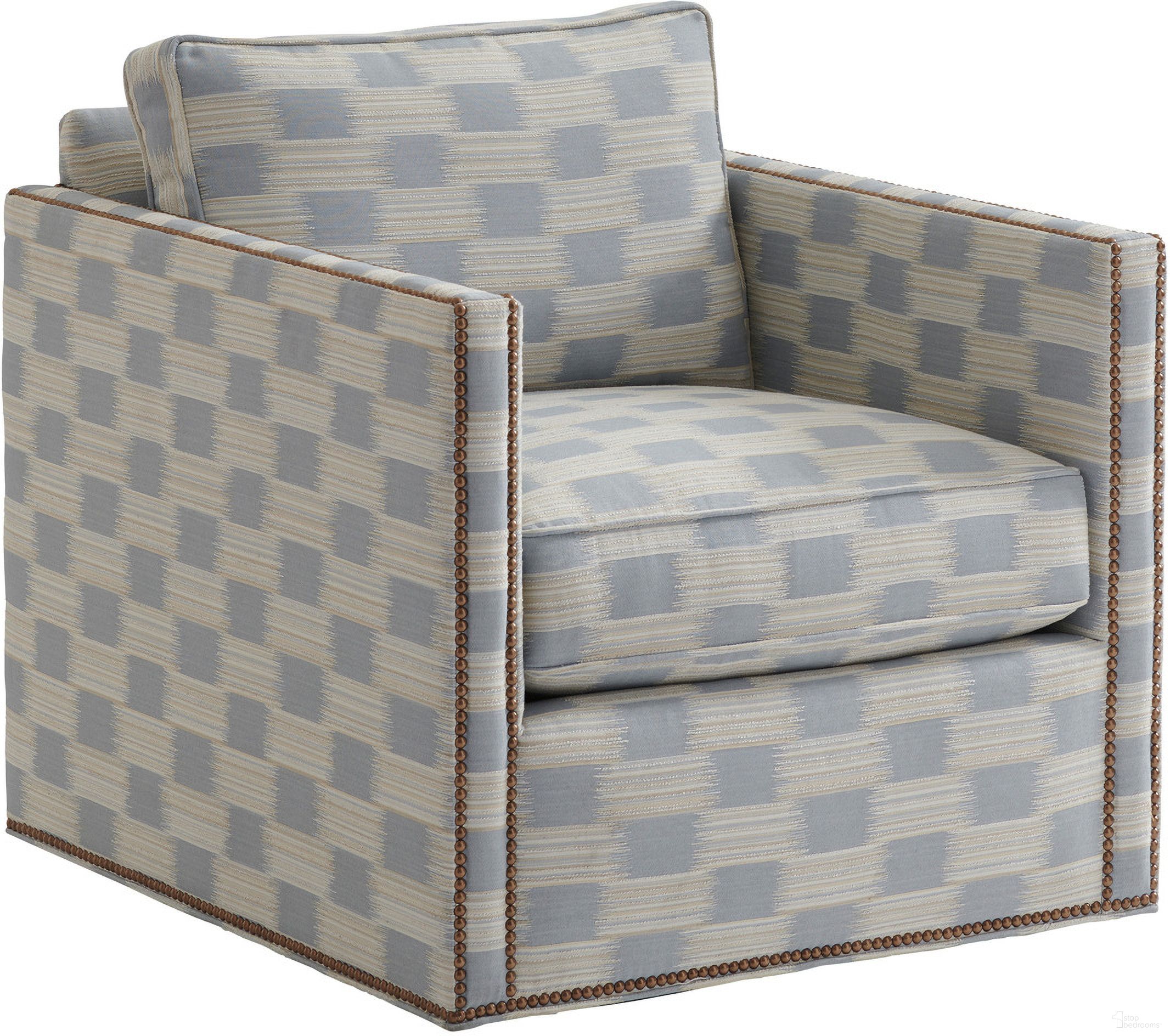 The appearance of Hinsdale Swivel Chair designed by Tommy Bahama in the transitional interior design. This blue/aqua piece of furniture was selected by 1StopBedrooms from Palm Desert Collection to add a touch of cosiness and style into your home. Sku: 7607-11SW-42.