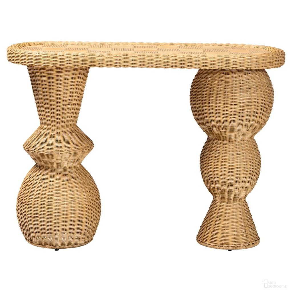 Hisao Checkered Console Table with Sculptural Base In Natural Rattan