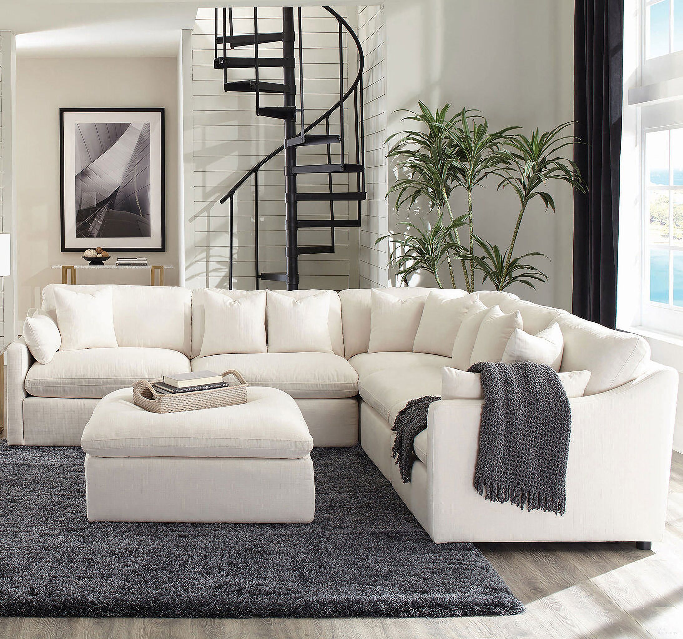 The appearance of Hobson 6-piece Reversible Cushion Modular Sectional Off-White designed by Coaster in the transitional interior design. This ivory piece of furniture was selected by 1StopBedrooms from Hobson Collection to add a touch of cosiness and style into your home. Sku: 551451;551451;551452;551453;551454LAF;551454RAF. Material: Upholstered. Layout: Modular.