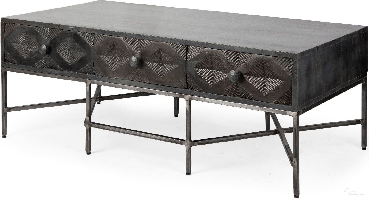 The appearance of Hogarth 48 x 24 Inch Brown Solid Wood Top Iron Metal Base with 6 Drawers Rectangular Coffee Table In Black designed by Mercana in the rustic / southwestern interior design. This brown piece of furniture was selected by 1StopBedrooms from Hogarth Collection to add a touch of cosiness and style into your home. Sku: 67742. Material: Metal.