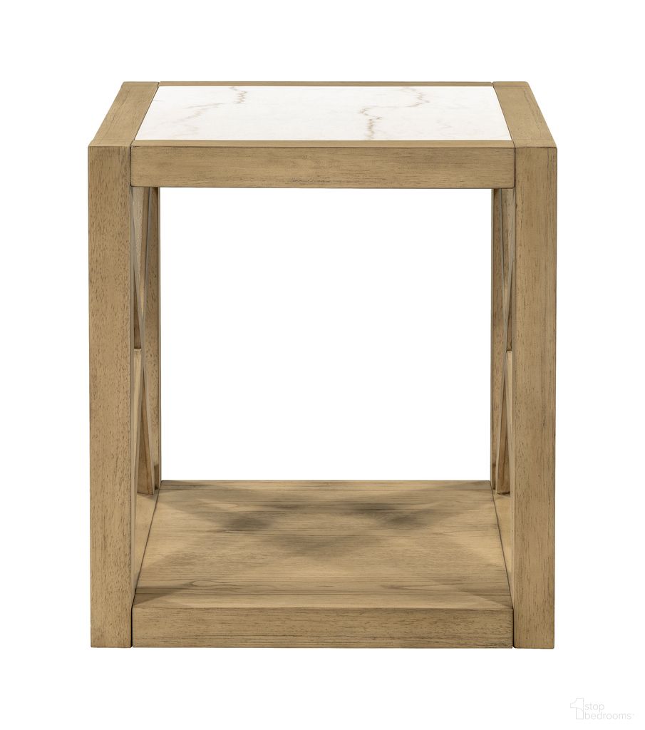 The appearance of Holden Square End Table In Tan and White designed by Bassett Mirror Company in the modern / contemporary interior design. This tan/white piece of furniture  was selected by 1StopBedrooms from Holden Collection to add a touch of cosiness and style into your home. Sku: 6044-LR-250. Material: Wood.