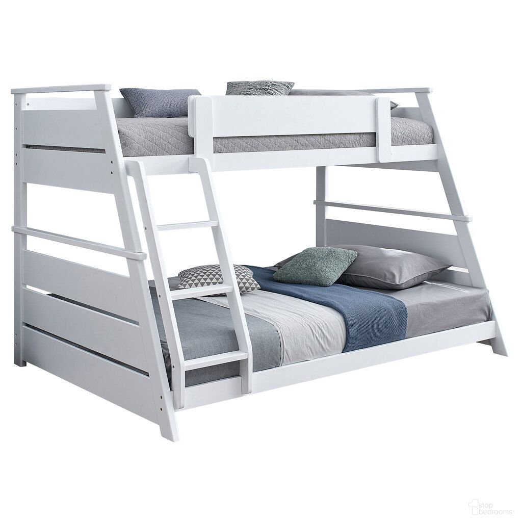 The appearance of Holden Wood Veneer Twin Over Full Bunk Bed In White designed by Coaster in the transitional interior design. This white piece of furniture was selected by 1StopBedrooms from Holden Collection to add a touch of cosiness and style into your home. Sku: 460593WHTB1;460593WHTB2;460593WHTB3. Bed Type: Bunk Bed. Material: MDF. Bed Size: Twin Over Full.