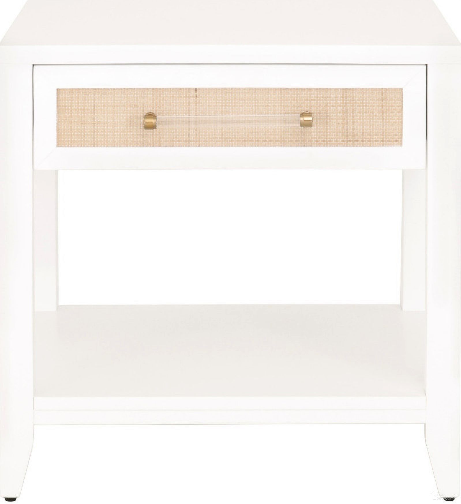 The appearance of Traditions Holland 1 Drawer Side Table In Matte White and Natural Rattan designed by Essentials For Living in the transitional interior design. This matte white/natural rattan piece of furniture  was selected by 1StopBedrooms from Traditions Collection to add a touch of cosiness and style into your home. Sku: 6144.WHT/NAT. Material: Rattan.