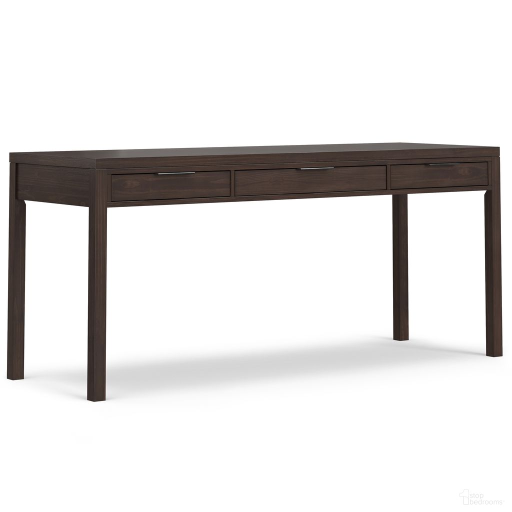The appearance of Hollander Solid Wood Wide Desk In Warm Walnut Brown designed by Simpli Home in the modern / contemporary interior design. This warm walnut brown piece of furniture was selected by 1StopBedrooms from Hollander Collection to add a touch of cosiness and style into your home. Sku: AXCHLL-10W. Material: Pine.